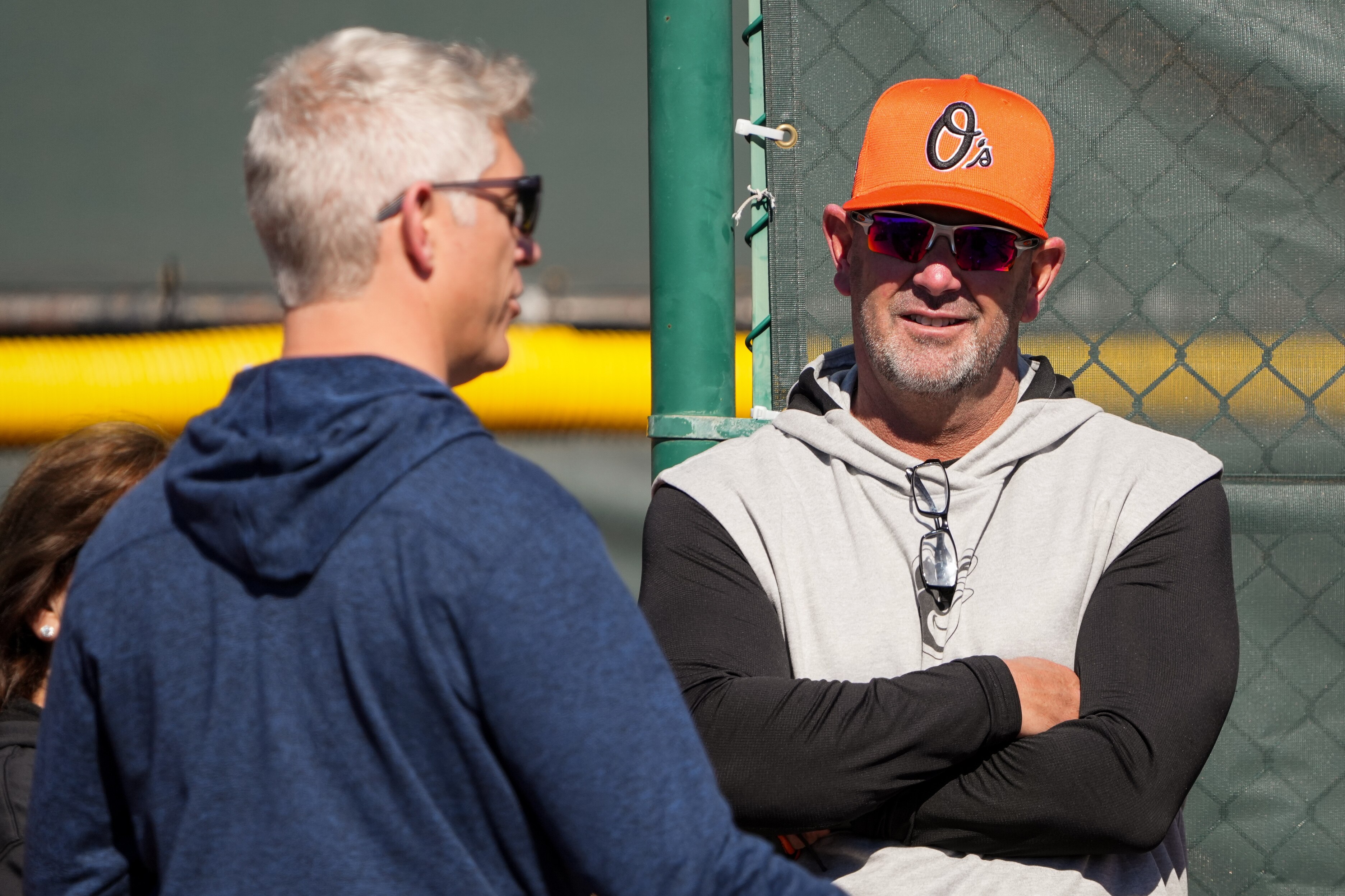 Baltimore Orioles general manager Mike Elias, left, and manager Brandon Hyde will have some tough decisions with this year’s Opening Day roster.
