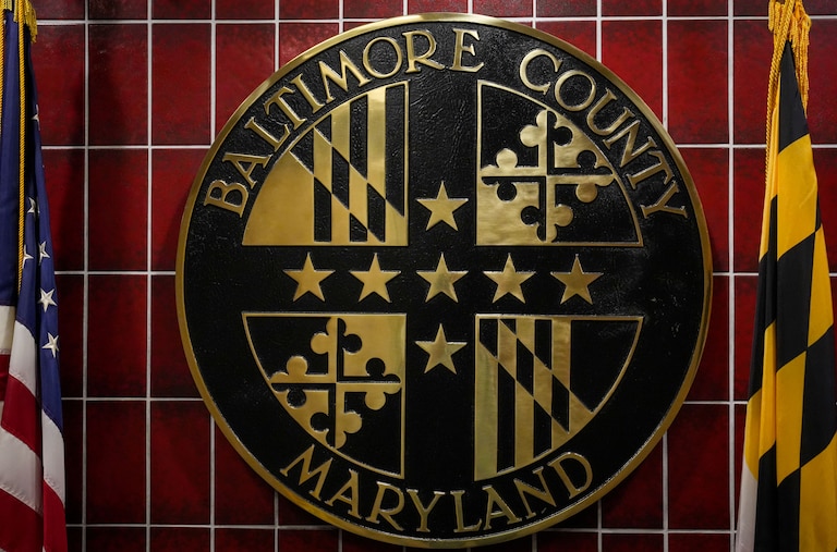 6/16/22—A sign reading “Baltimore County Maryland” hangs on the wall inside the historic Baltimore County Courthouse in Towson, the center of county government.