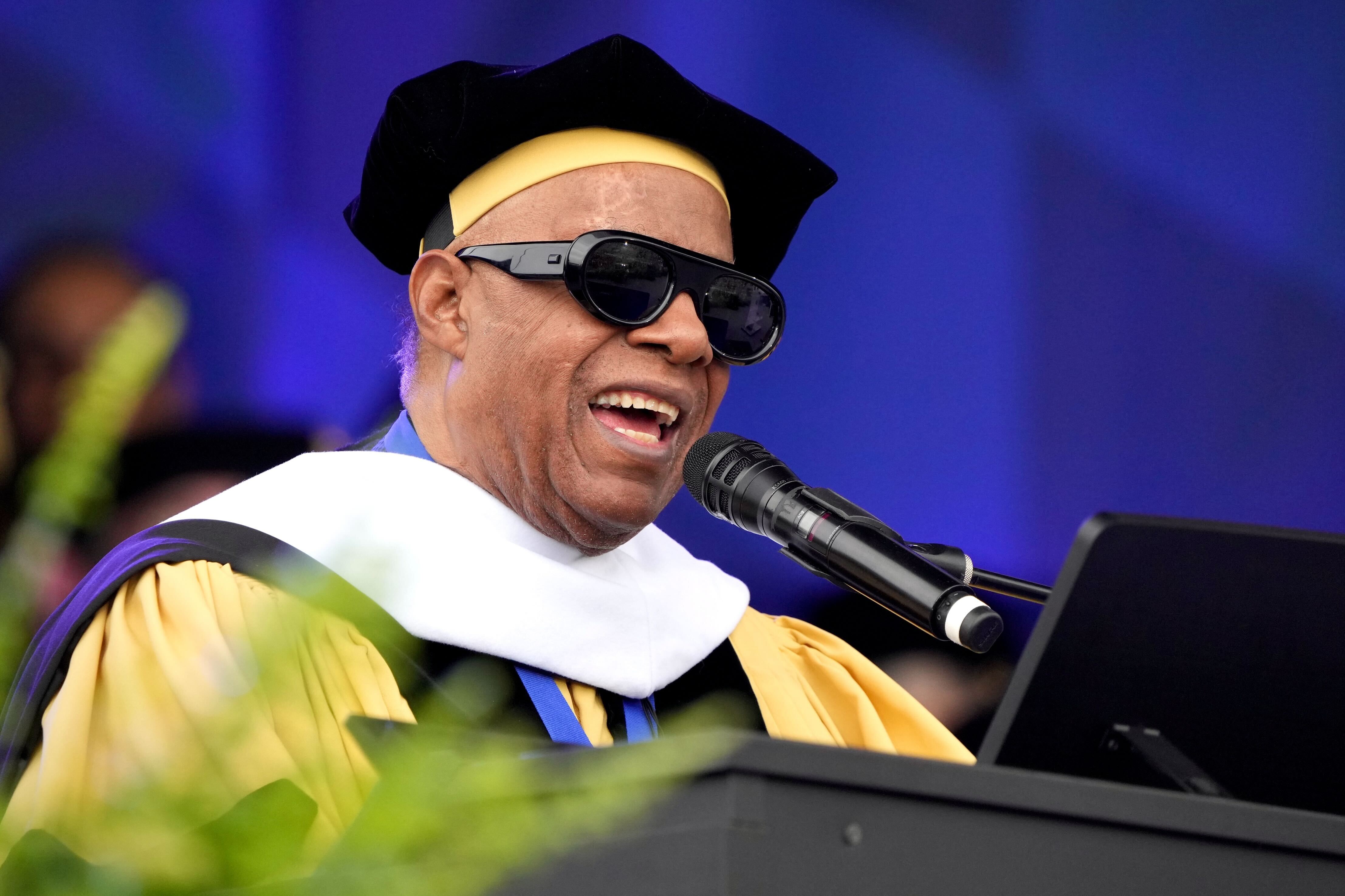 Music legend Stevie Wonder performs at the Johns Hopkins University Class of 2024's Commencement Ceremony on Homewood Field Thursday, May 23.