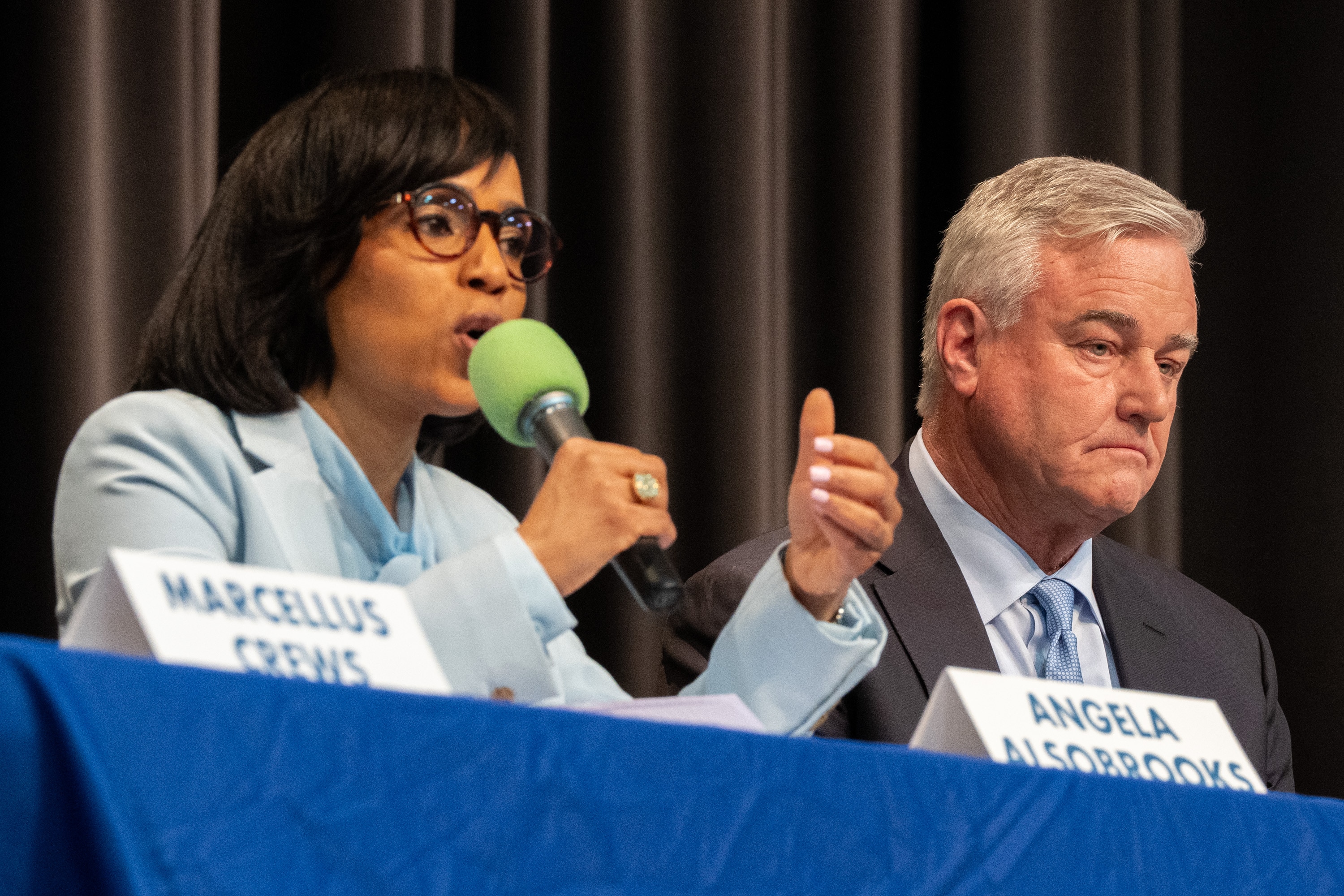 U.S. Rep. David Trone is seen as Prince George's County Executive Angela Alsobrooks speaks during a forum with other U.S. Senate candidates at Montgomery Blair High School in Silver Spring, Maryland on Saturday, March 2, 2024.