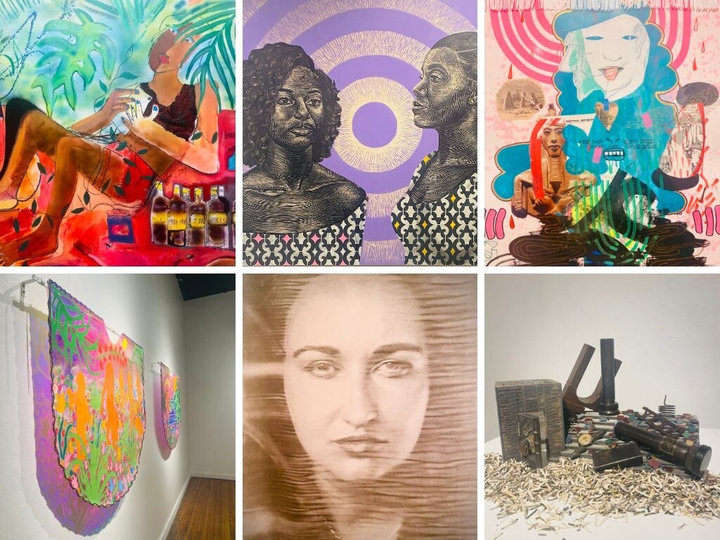 Clockwise from top left, works by Erick Antonio Benitez, LaToya Hobbs, Jackie Milad, Jill Orlov, Elena Volkova and Hoesy Corona as part of “TRANSMISSION.”