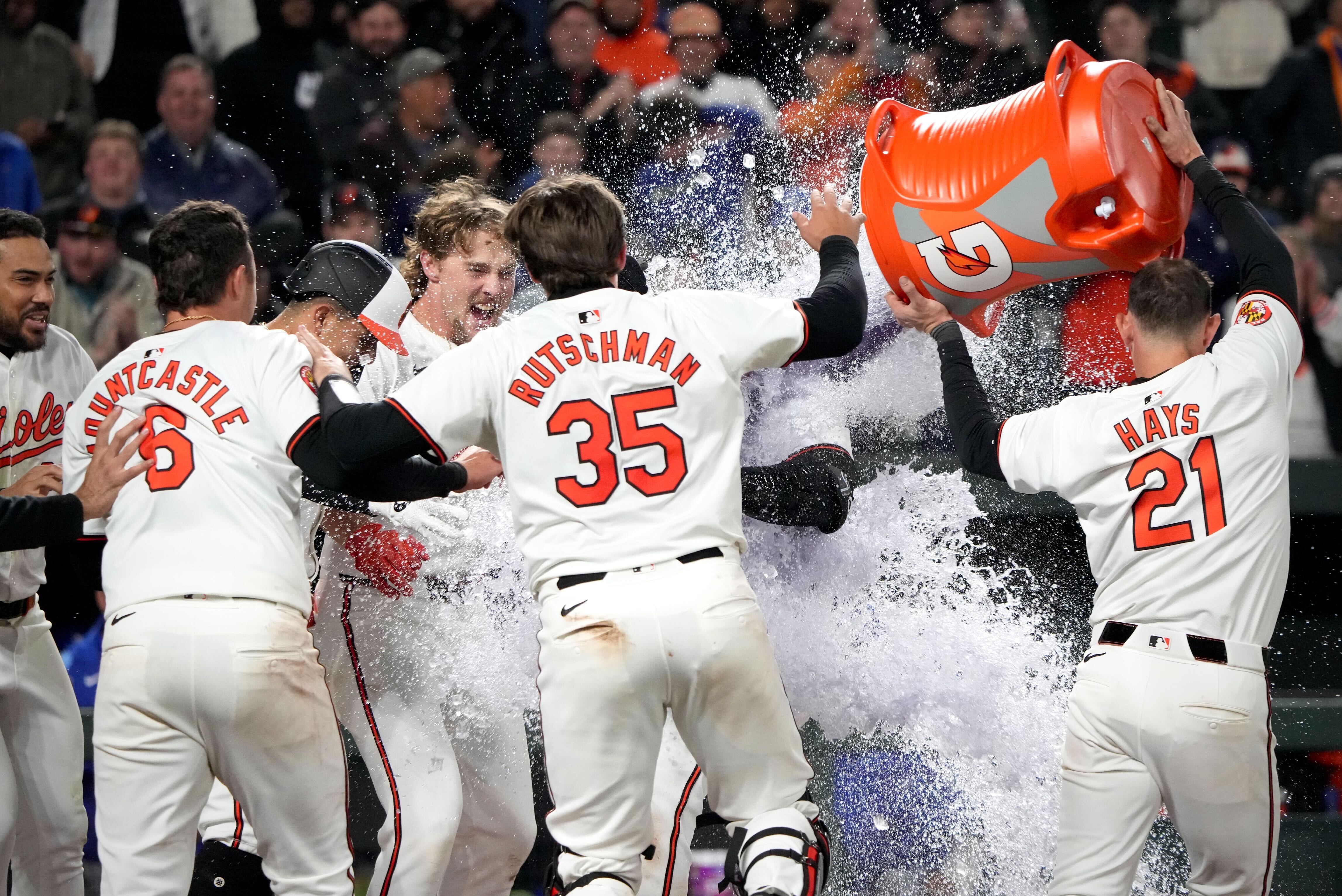 The Orioles douse Jordan Westburg with the Gatorade cooler after he hit a walk-off home run in the team’s 6-4 win over the Royals on April 1.