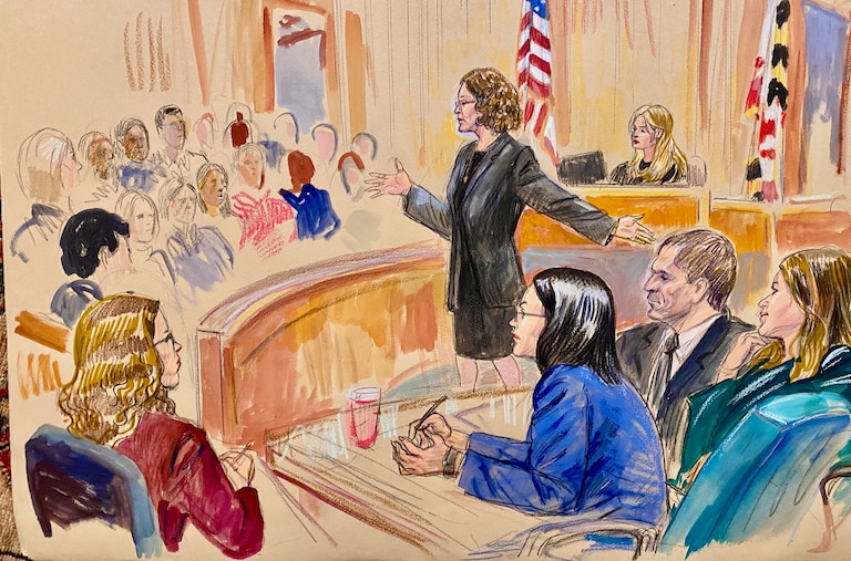 Opening statements in the trial of Jorge Rueda Landeros, seated right, in Montgomery County.