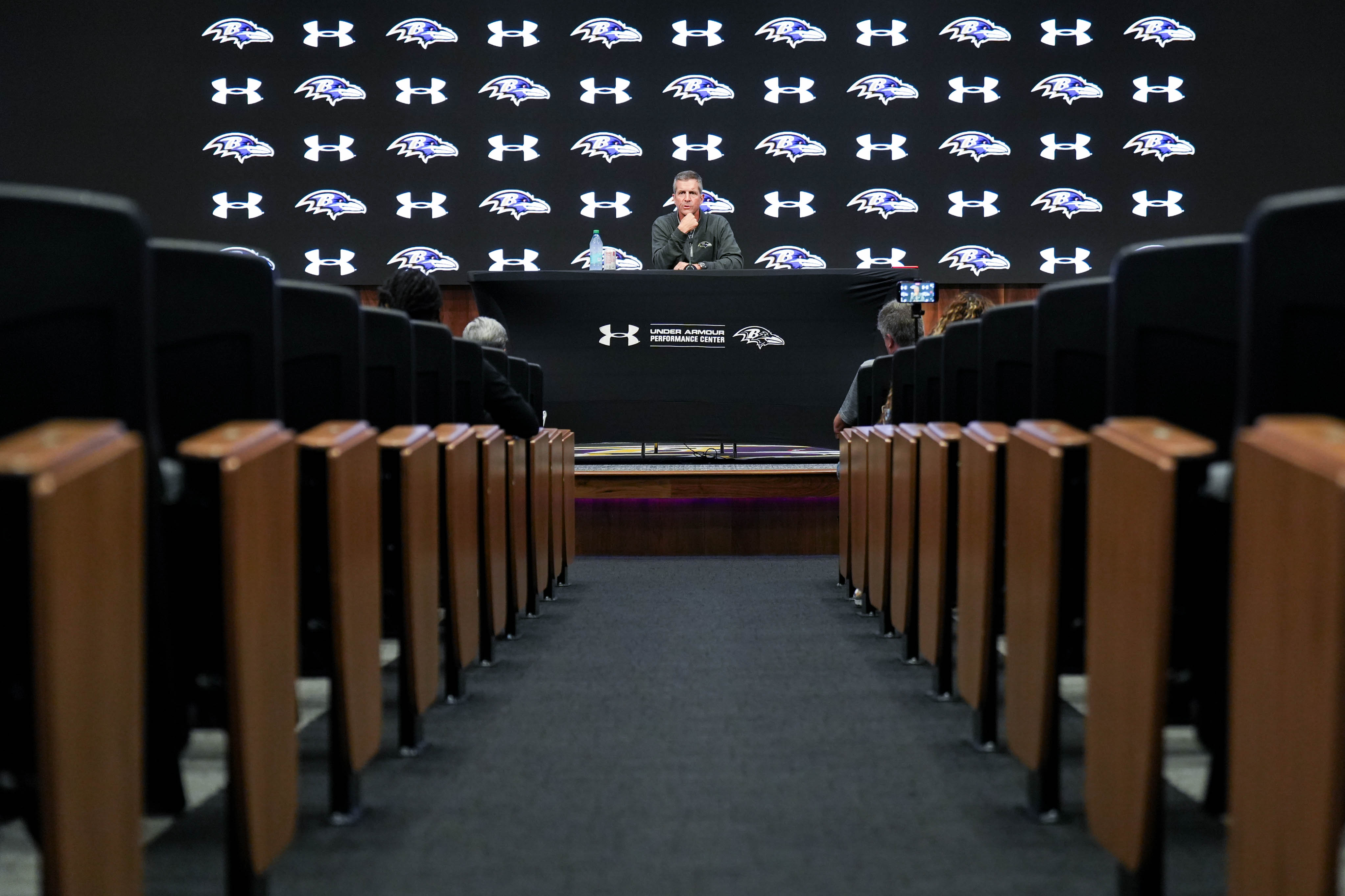 Ravens coach John Harbaugh takes questions from reporters Monday.