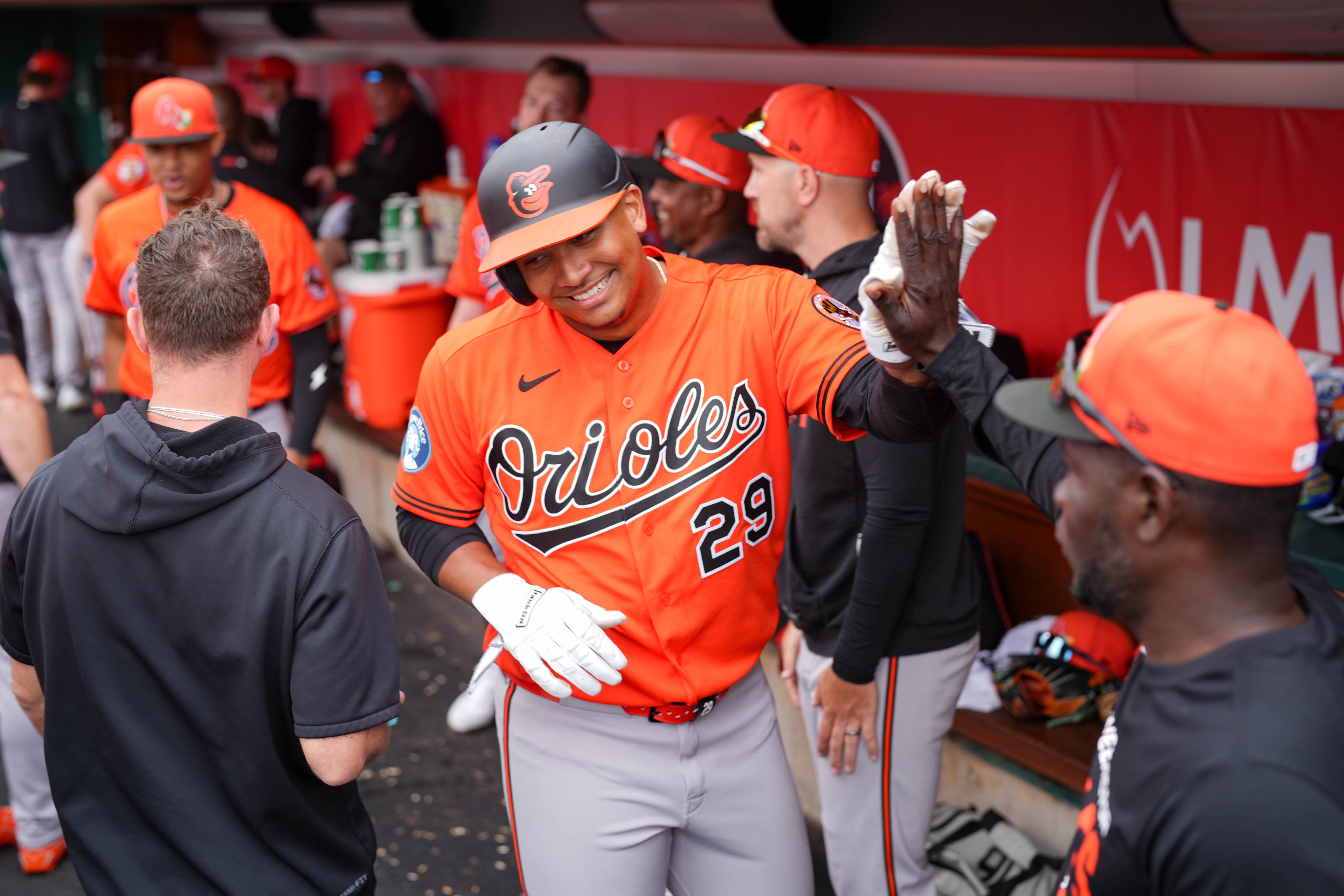 Orioles catcher Samuel Basallo, pictured during a game this month, left Thursday’s game with right side abdominal discomfort, the team announced.