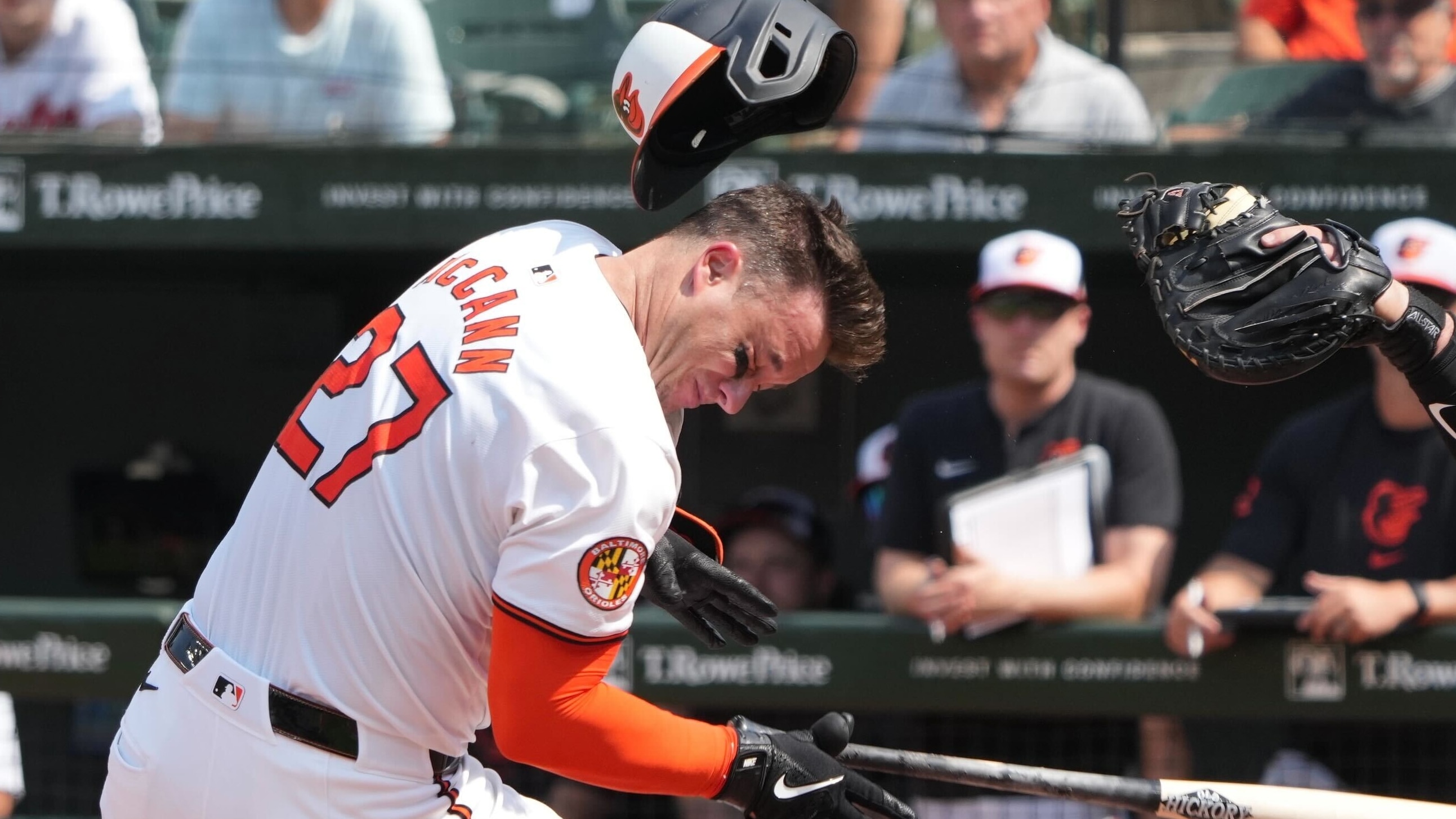 Orioles catcher James McCann reacts after being hit by a pitch in the nose against the Toronto Blue Jays on Monday.