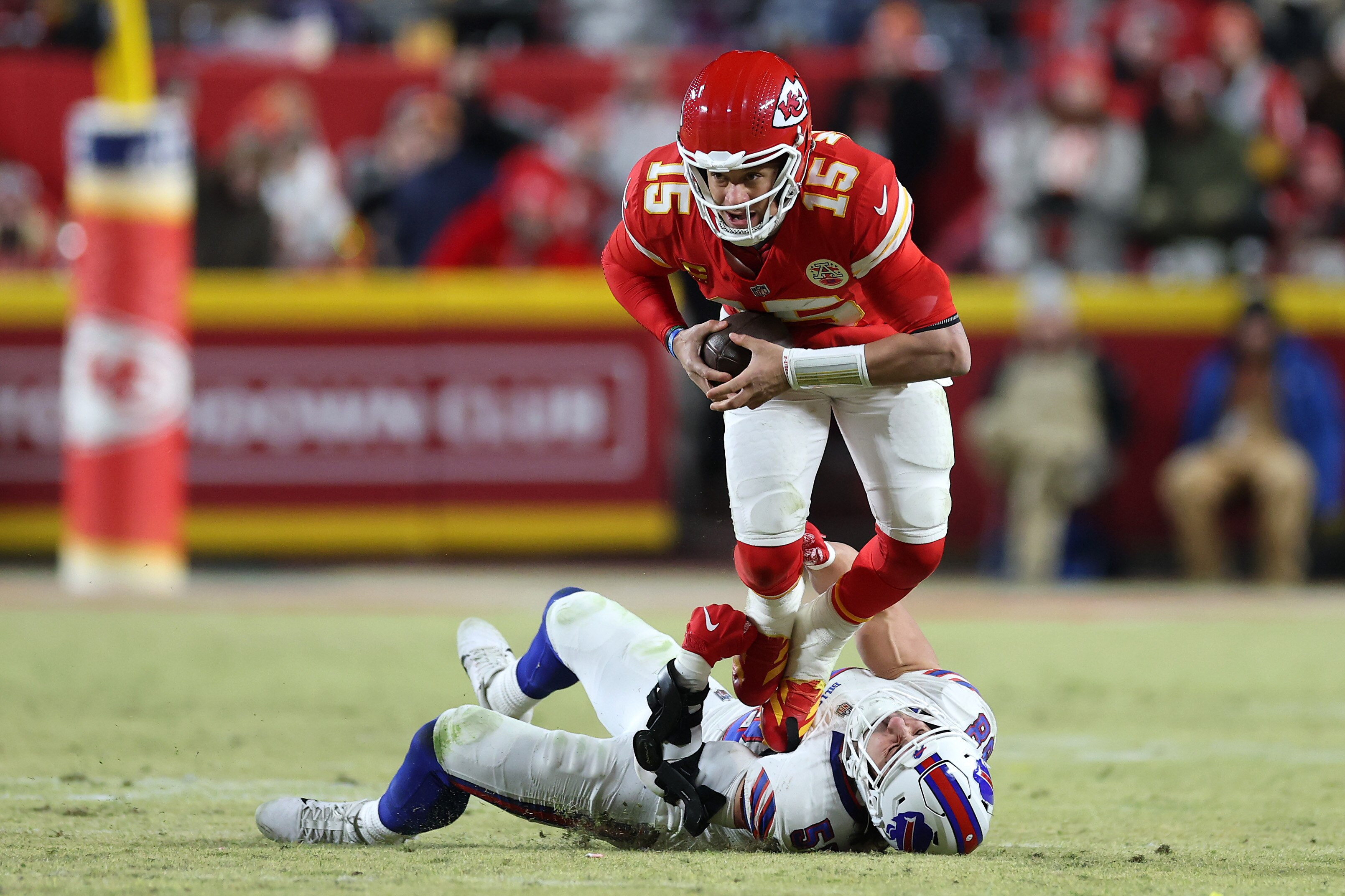 Chiefs quarterback Patrick Mahomes is sacked by Matt Milano of the Bills during the third quarter.