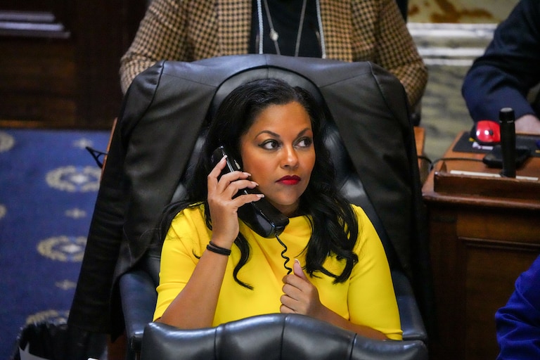 Del. Vanessa Atterbeary takes a call in the Maryland State House during Sine Die, the final day of the 2024 General Assembly Session in Annapolis, on April 8, 2024. Any bill that doesn’t get passed by midnight on Sine Die is dead and lawmakers will need to address it next year.