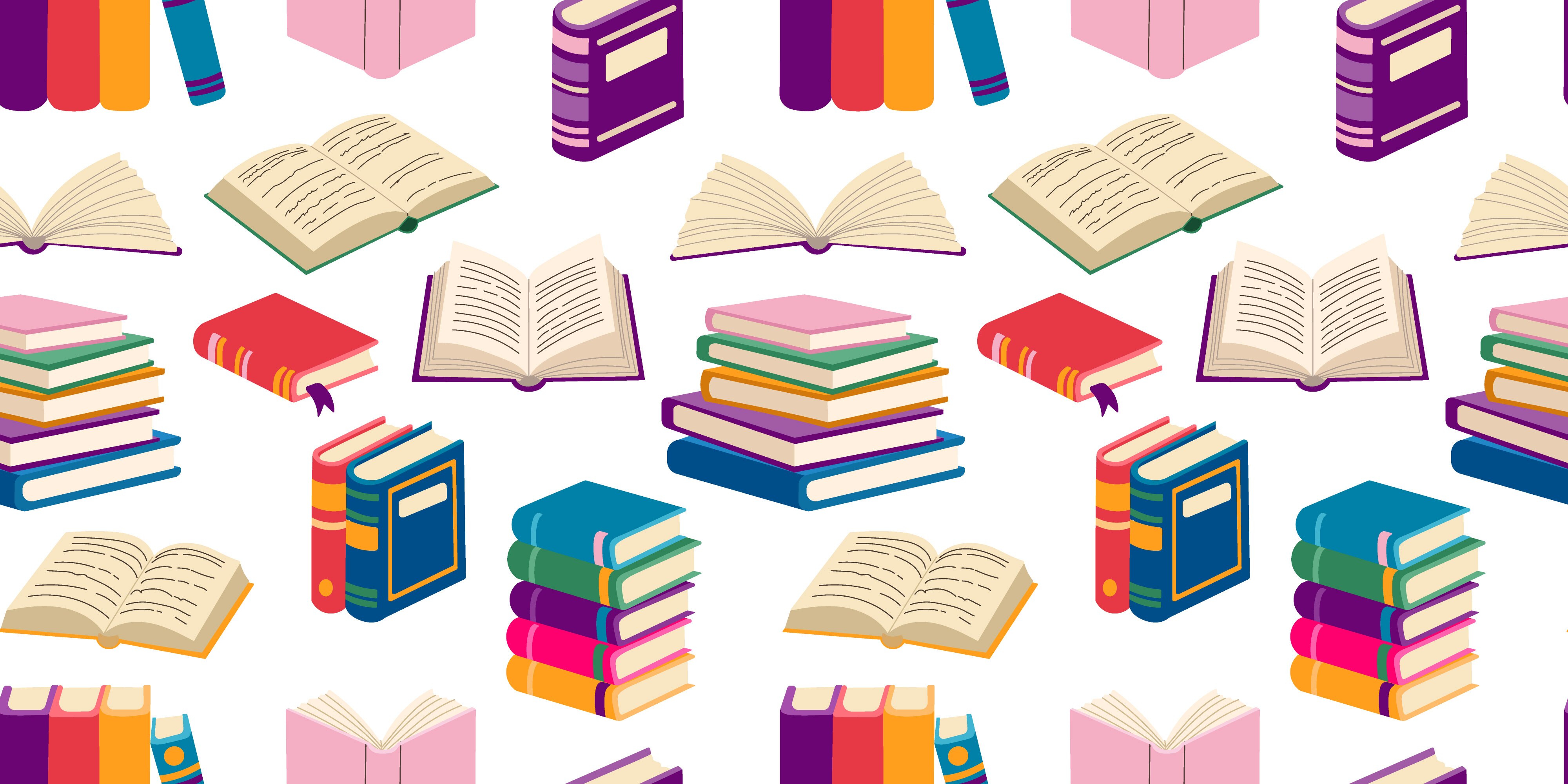 A pattern of books with some of them open. The books are of different sizes and colors. The pattern is made up of various books stacked on top of each other