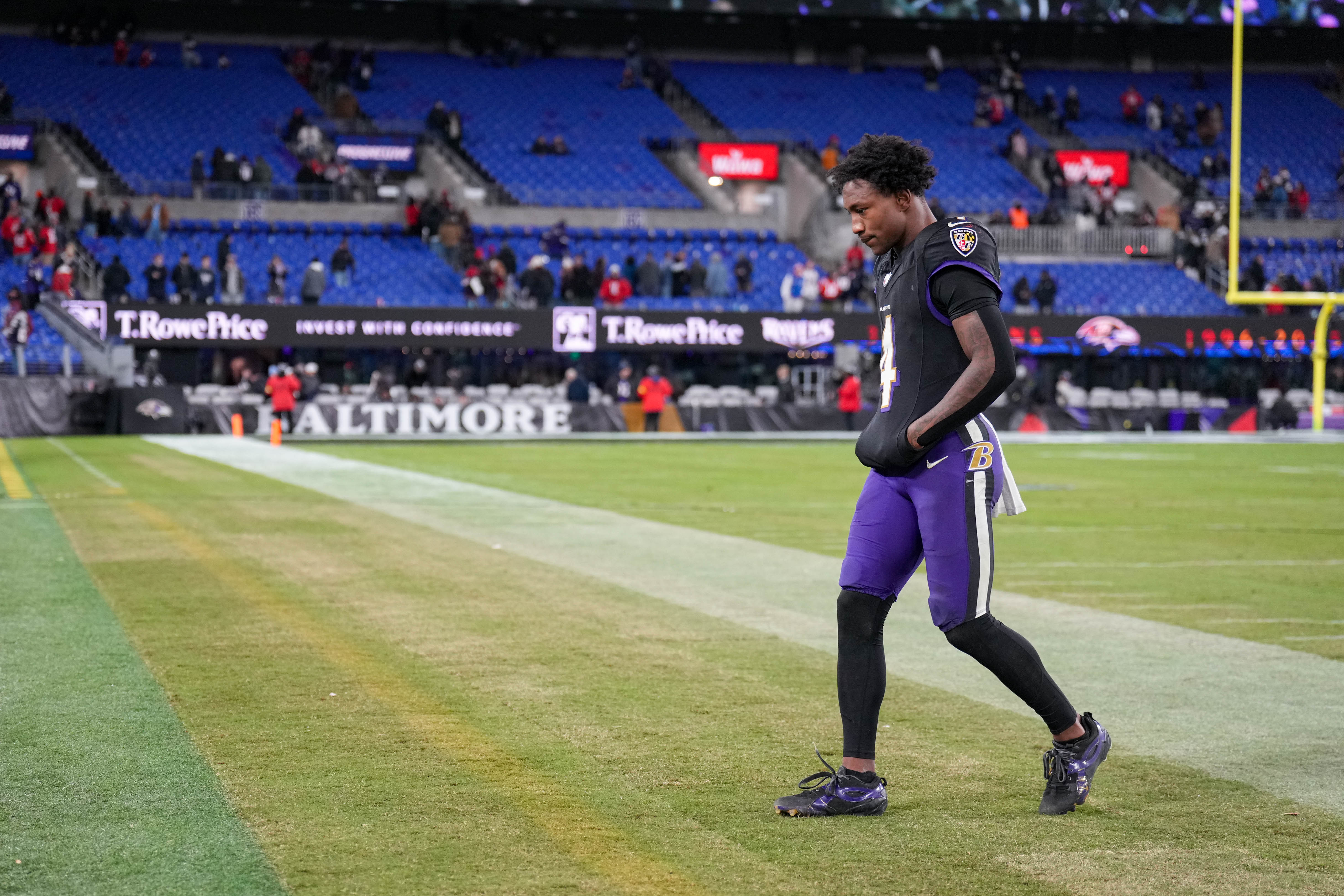 Baltimore Ravens wide receiver Zay Flowers walks off the field following Sunday’s game against the New England Patriots.