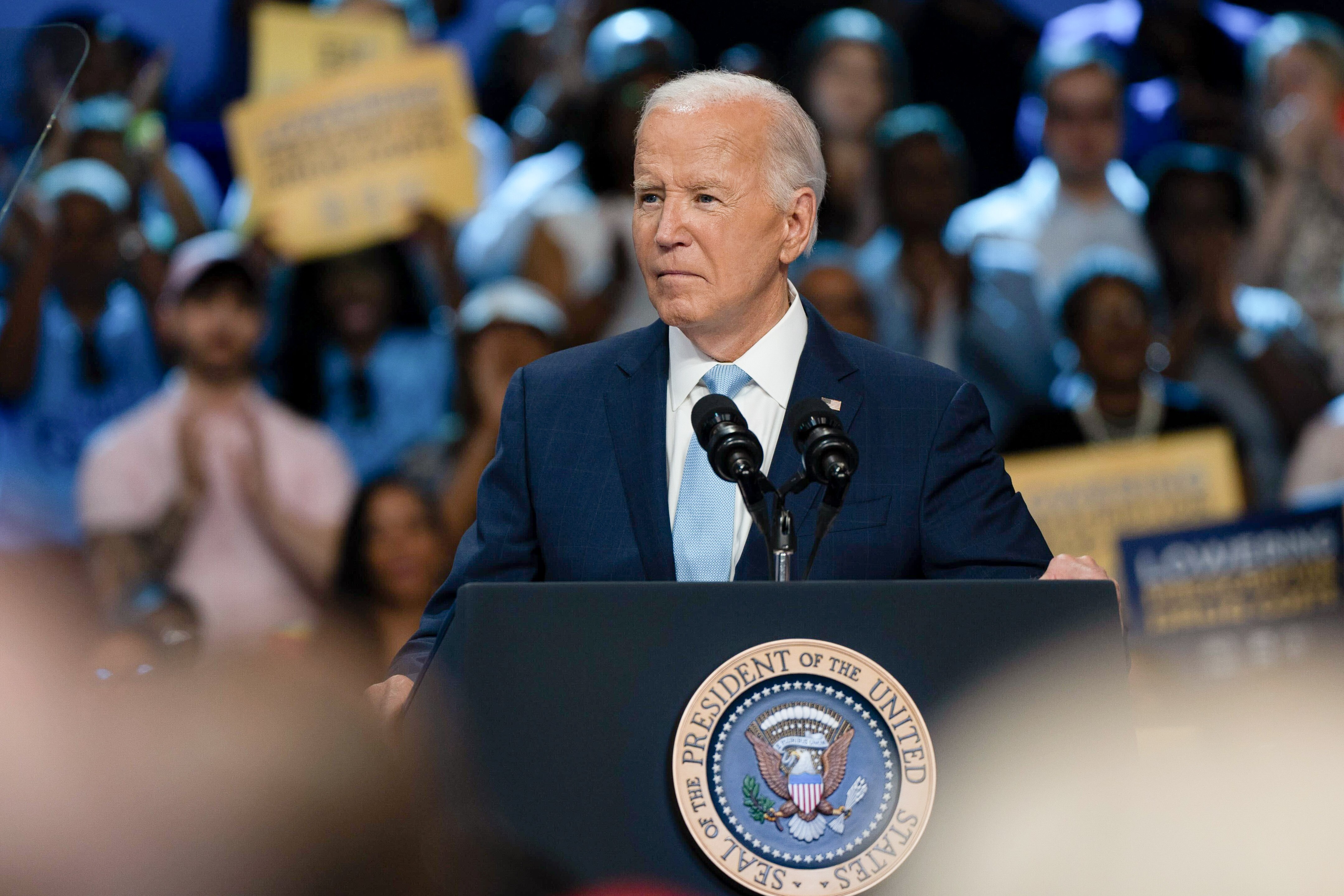 U.S. President Joe Biden delivers remarks on the progress his administration is making to lower costs for the American people at Prince George's County Community College on August 15, 2024.