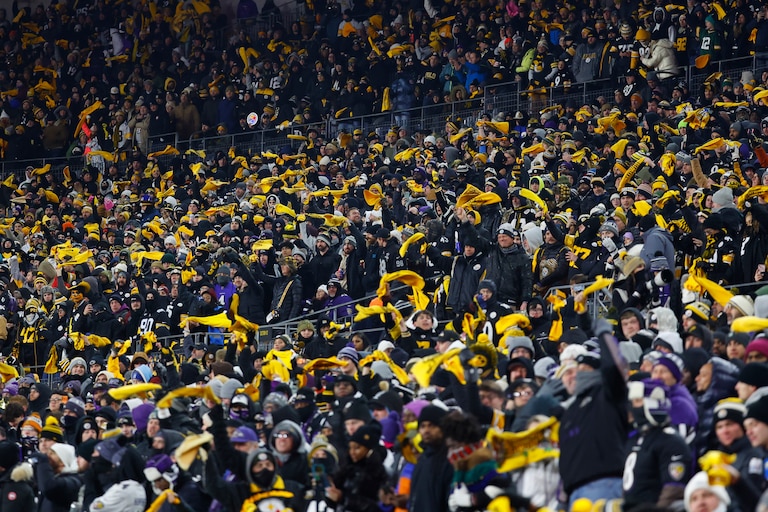 PITTSBURGH, PENNSYLVANIA - JANUARY 04: Fans of Pittsburgh Steelers show their support during the fourth quarter against the Baltimore Ravens at Acrisure Stadium on January 04, 2026 in Pittsburgh, Pennsylvania.