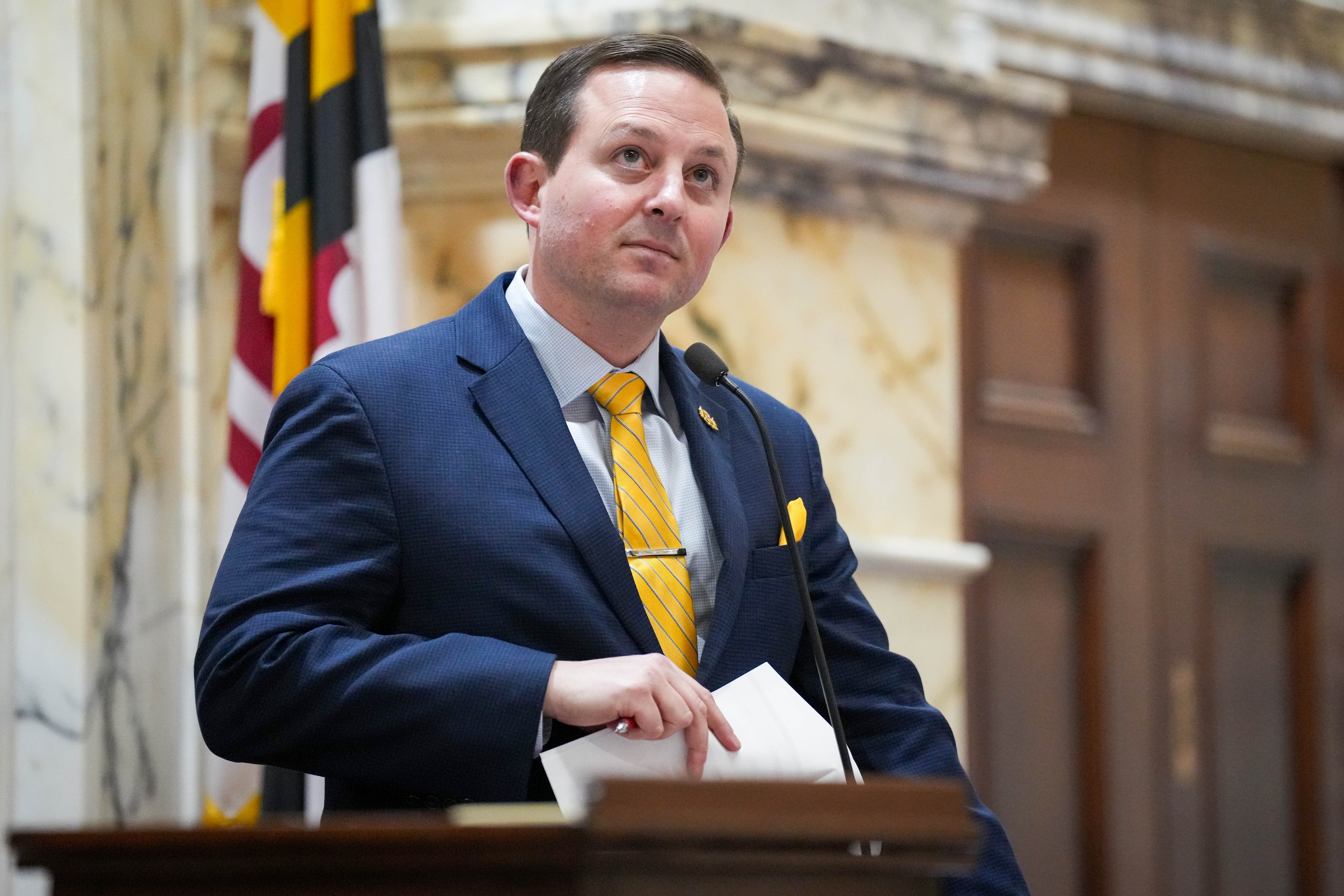 Senate President Bill Ferguson looks up at the voting board at the Maryland State House on Sine Die in Annapolis, Md. on Monday, April 7, 2025.