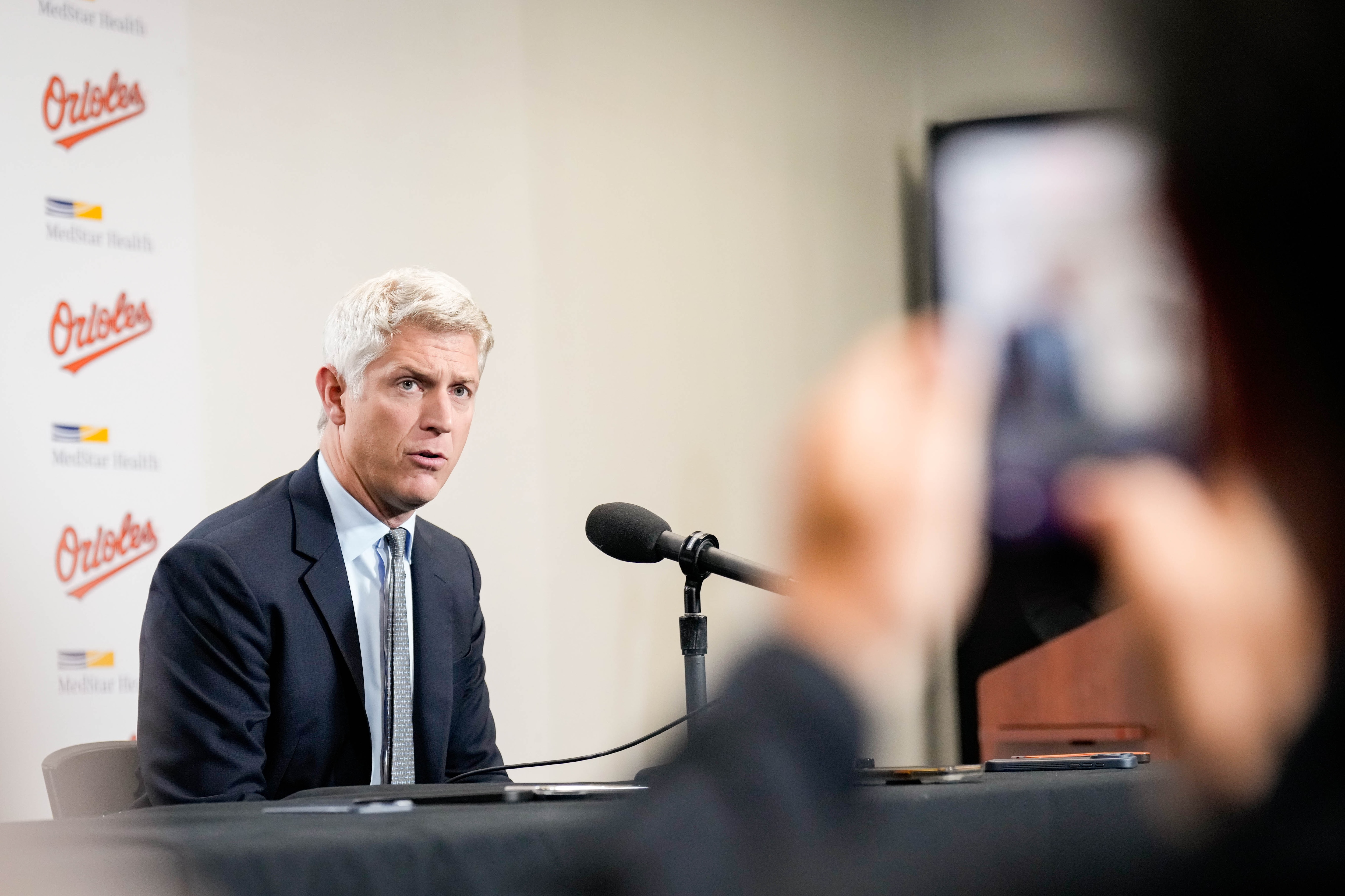 Orioles president of baseball operations Mike Elias takes questions from reporters during the team’s end-of-season news conference in September.