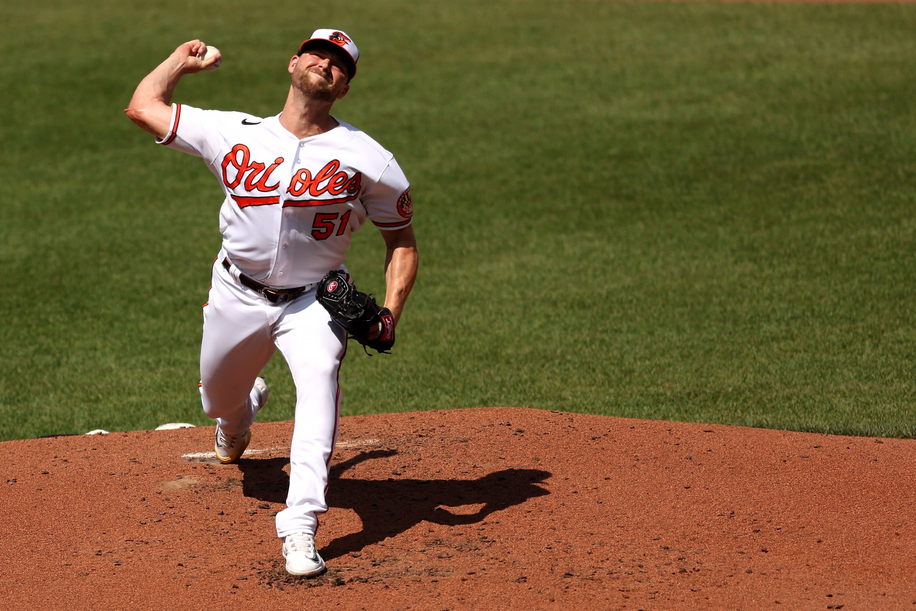 Pitcher Austin Voth #51 of the Baltimore Orioles throws to a Cleveland Guardians batter in the second inning at Oriole Park at Camden Yards on May 31, 2023 in Baltimore, Maryland.