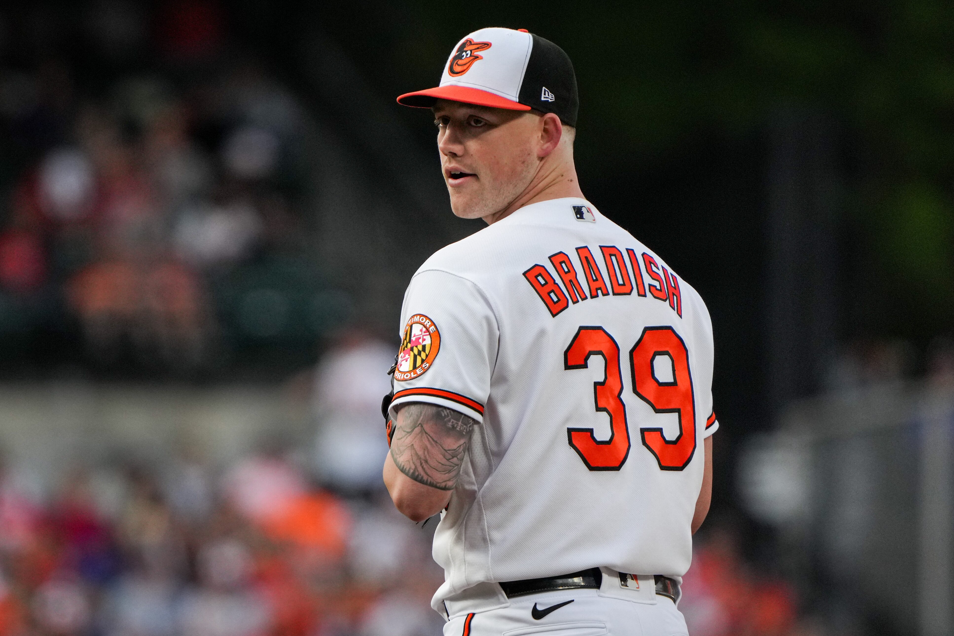 Baltimore Orioles starting pitcher Kyle Bradish (39) gets ready to pitch in a game against the Los Angeles Angels at Camden Yards on Wednesday, May 17. The Orioles won game three of the series, 3-1.