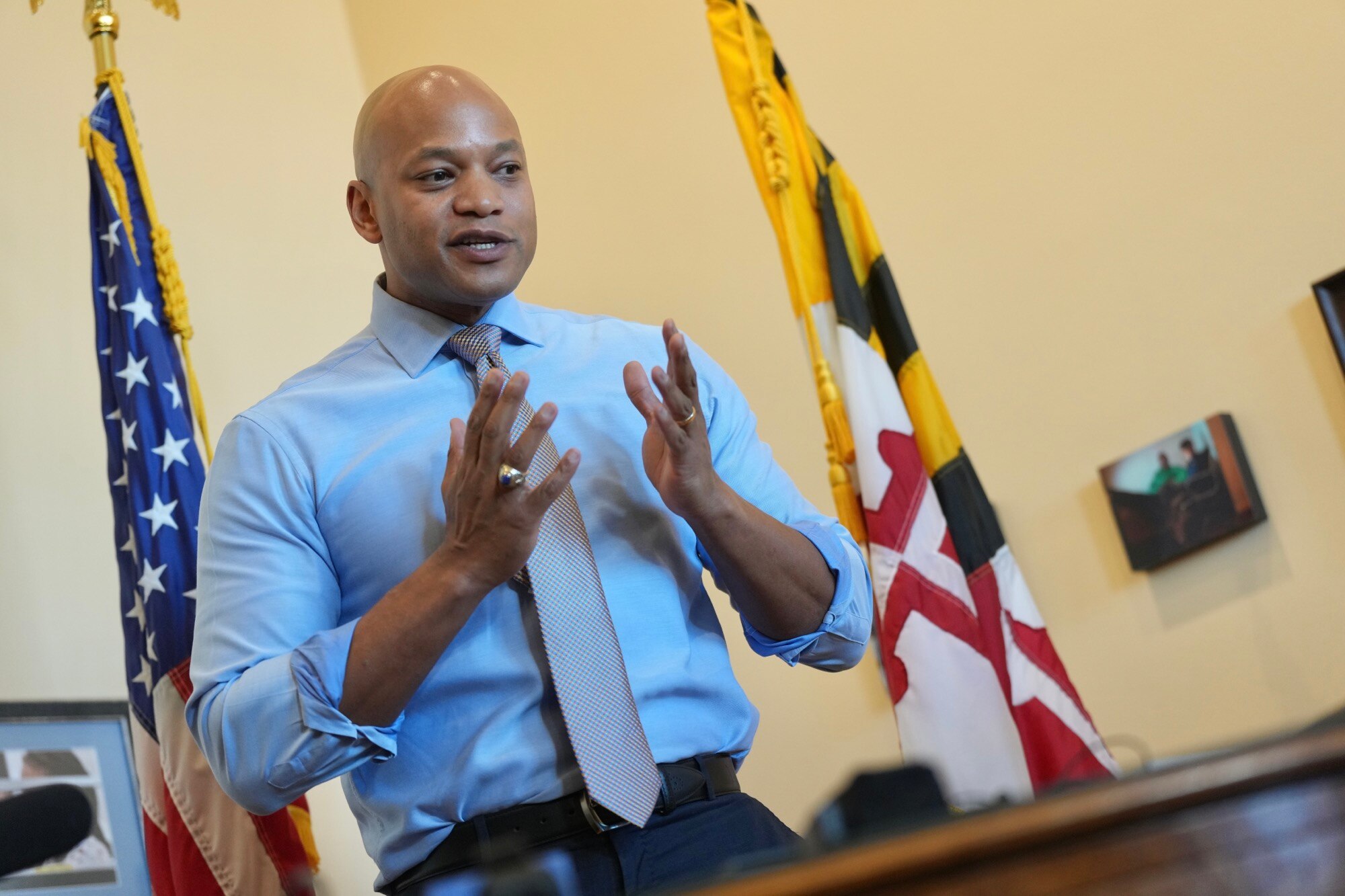 Governor Wes Moore speaks to the press on Sine Die, the last day of the legislative session on April 10, 2023.