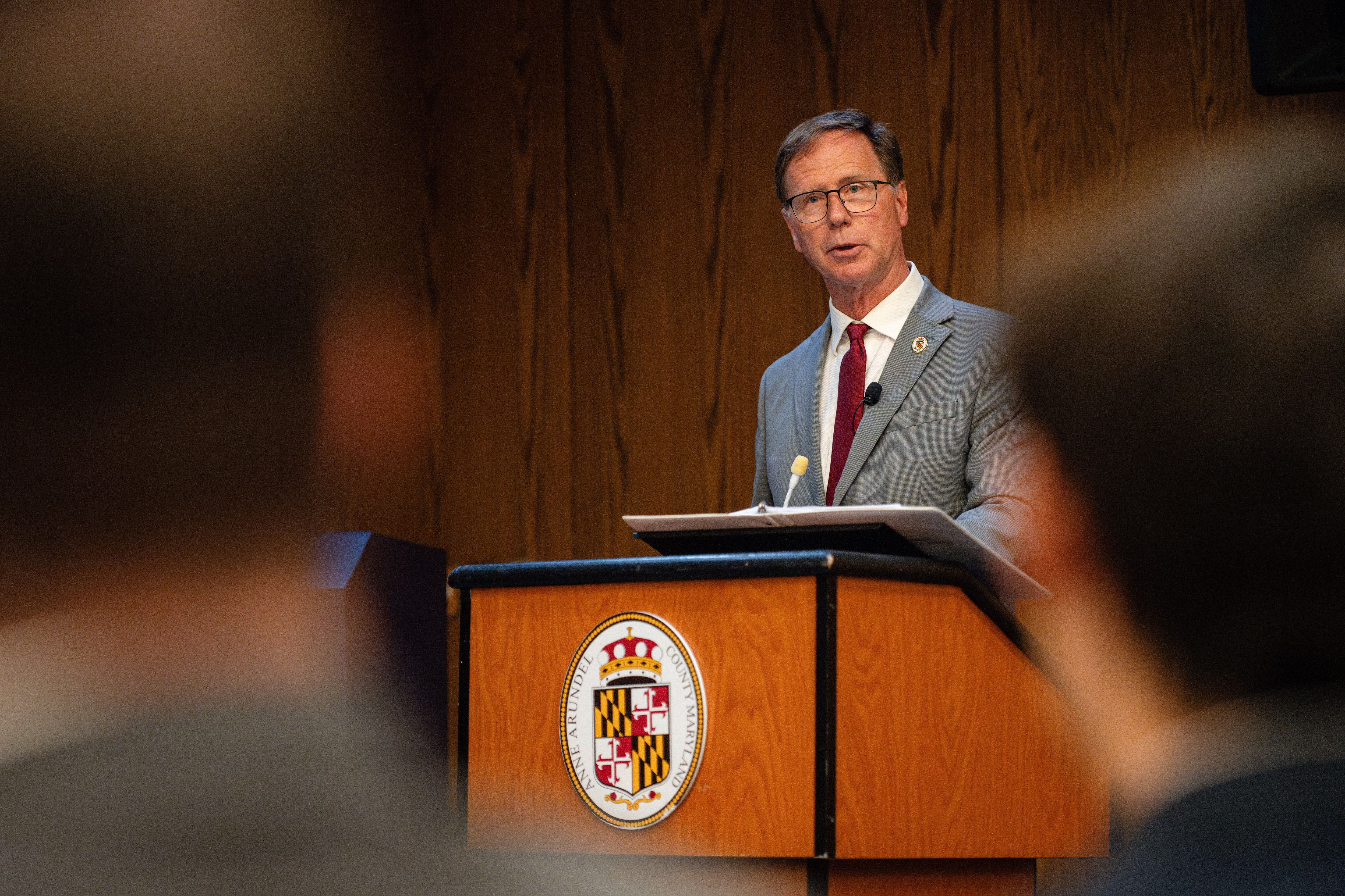 Anne Arundel County Executive Steuart Pittman announces his budget proposal to the Anne Arundel County Council on May 1st, 2025 in Annapolis, MD.