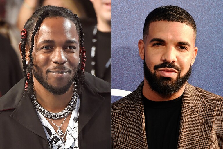 FILE - Rapper Kendrick Lamar appears at the MTV Video Music Awards, on Aug. 27, 2017, in Inglewood, Calif., left, and Canadian rapper Drake appears at the premiere of the series "Euphoria," in Los Angeles on June 4, 2019. (AP Photo, File)