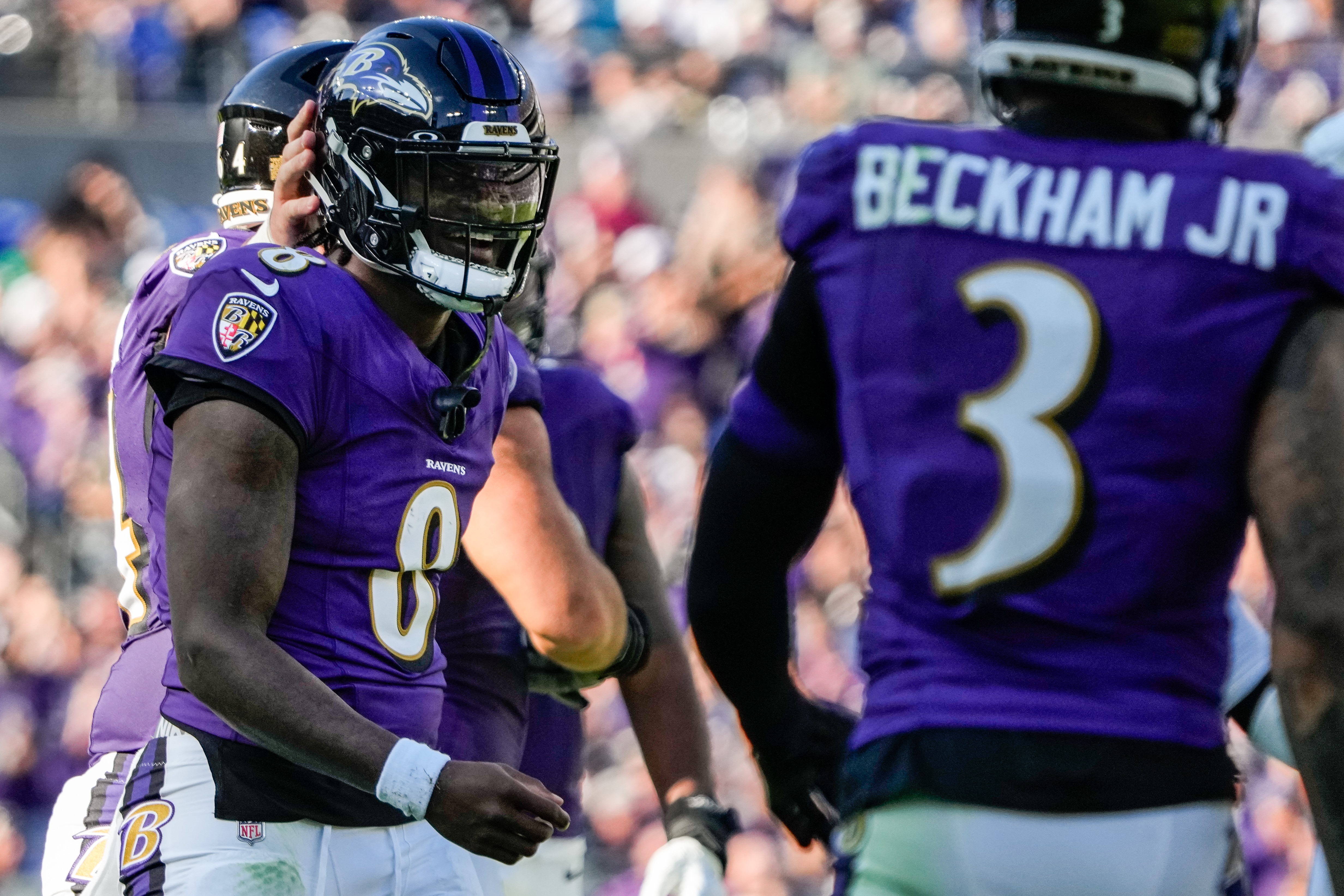 Baltimore Ravens quarterback Lamar Jackson (8) smiles during the second quarter against the Seattle Seahawks at M&T Bank Stadium on Sunday, Nov. 5, 2023.