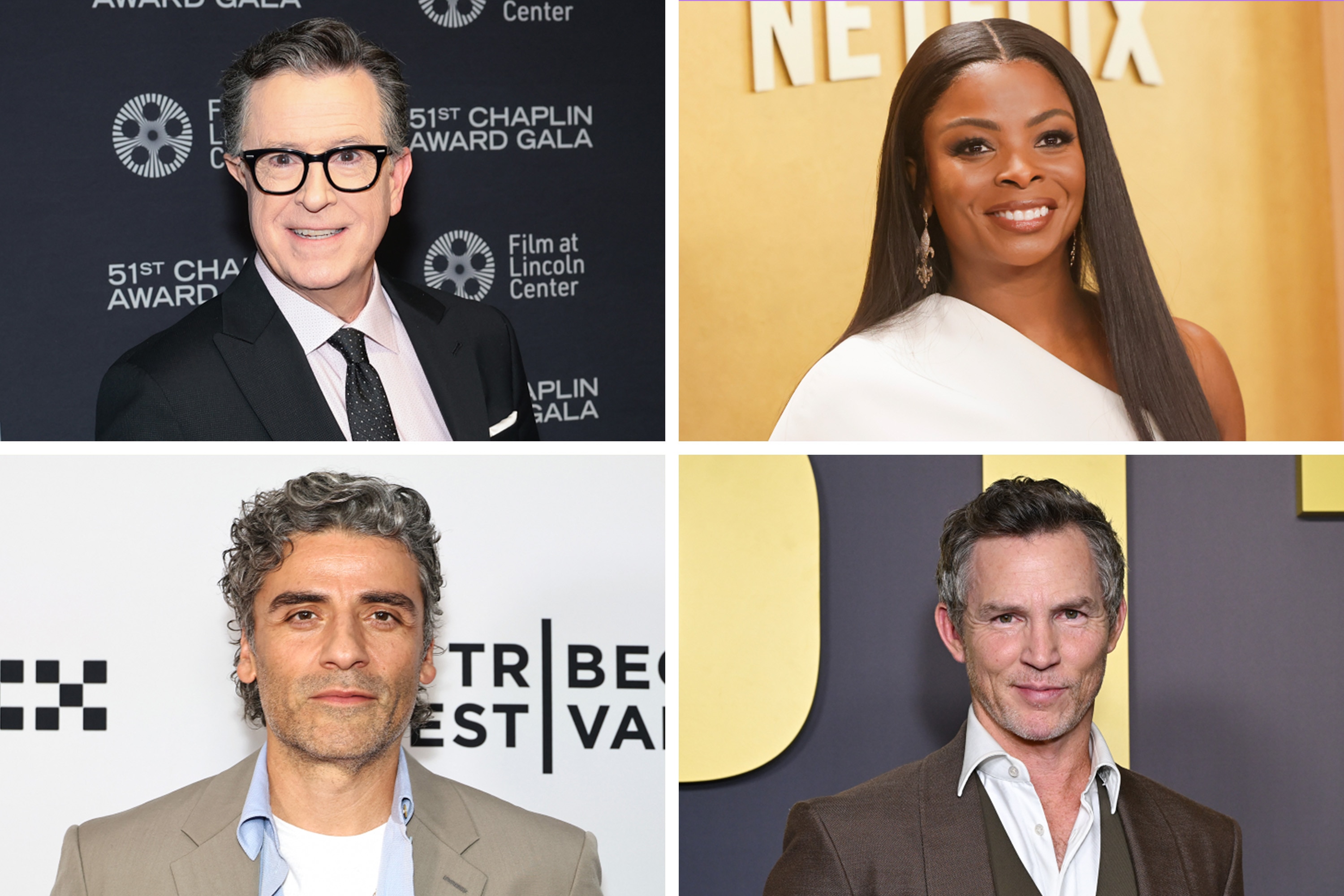 From left clockwise, Stephen Colbert, Janelle James, Oscar Isaac and Shawn Hatosy.