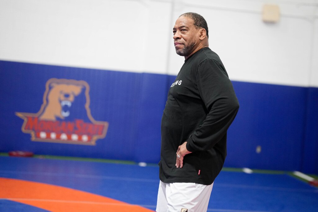 Head coach Kenny Monday observes wrestling practice at Hill Field House on Morgan State University’s campus in Baltimore, Md., on Monday, March 16, 2026.
