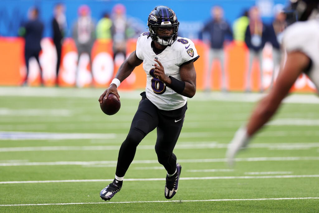 Lamar Jackson, #8 of the Baltimore Ravens, looks to pass in the third quarter during the 2023 NFL London Games match between Baltimore Ravens and Tennessee Titans at Tottenham Hotspur Stadium on Oct. 15, 2023 in London, England.