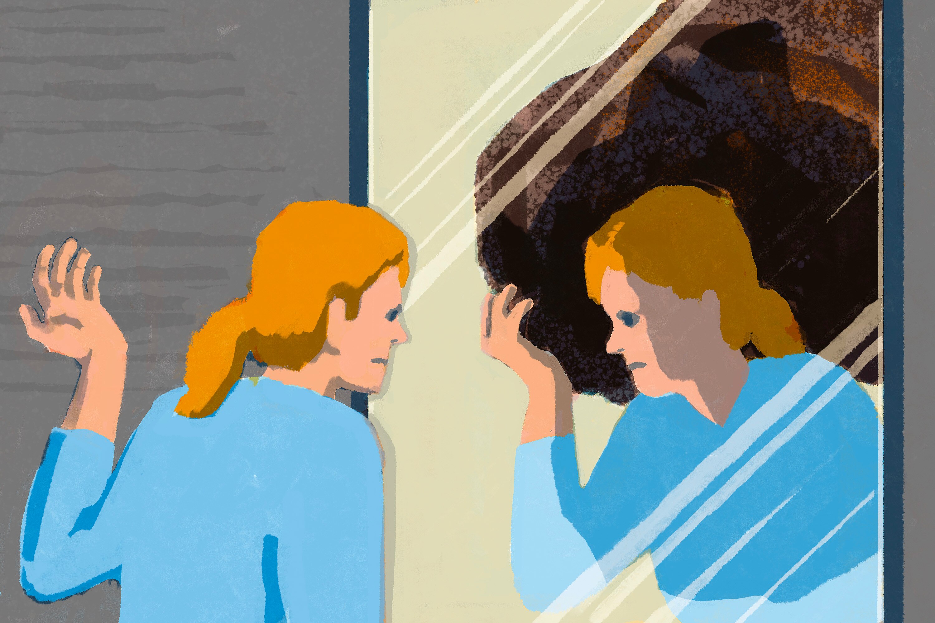 Illustration of woman looking at herself in the mirror. Her reflection carries a boulder on her shoulders.