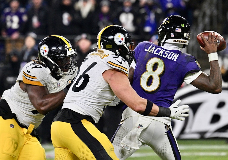 Ravens quarterback Lamar Jackson is sacked in the third quarter of Saturday’s game against the Pittsburgh Steelers at M&T Bank Stadium in Baltimore on January 11, 2025.