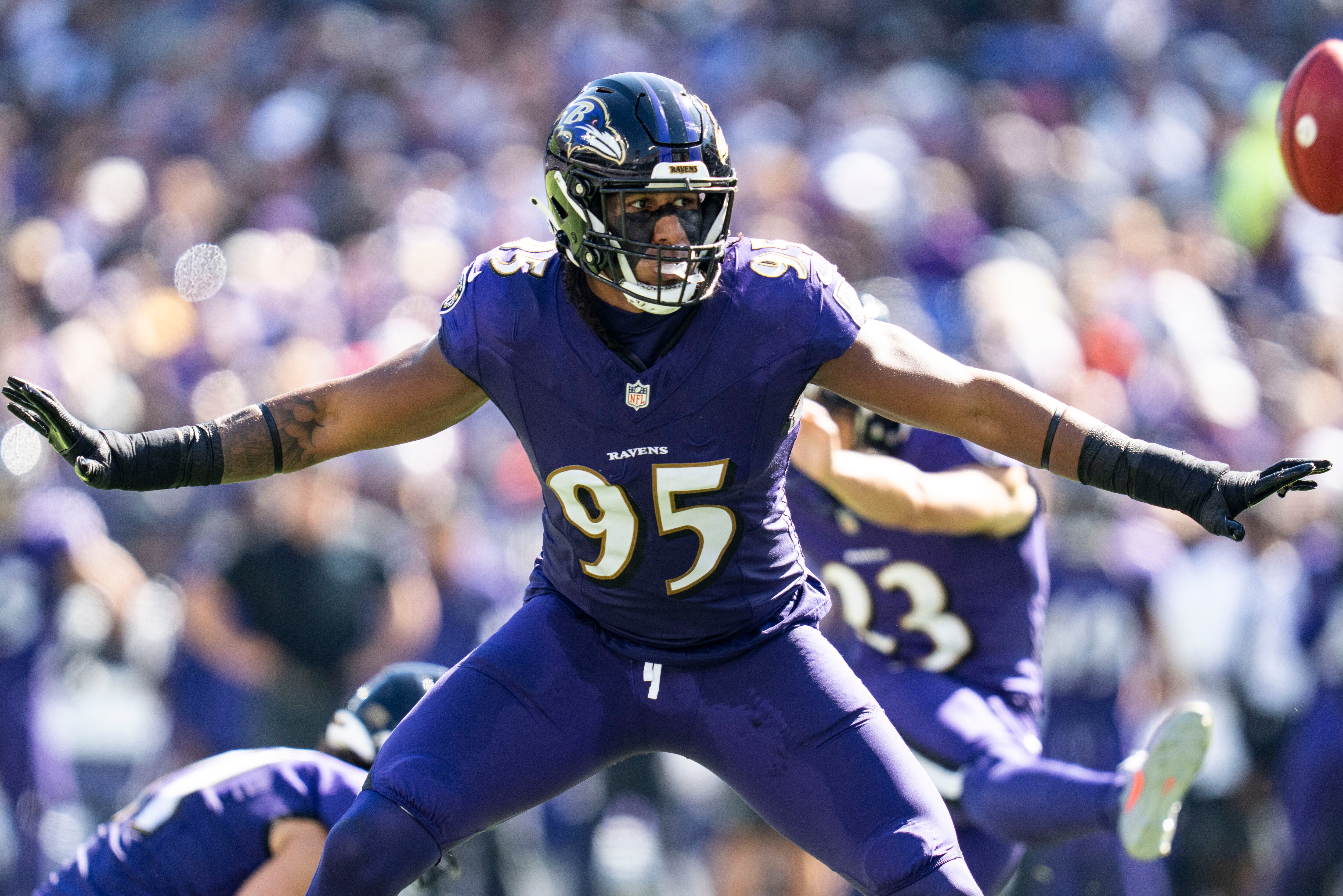 Ravens inside linebacker Tavius Robinson, shown on a special teams play, has two sacks this season but struggles to affect the pocket.