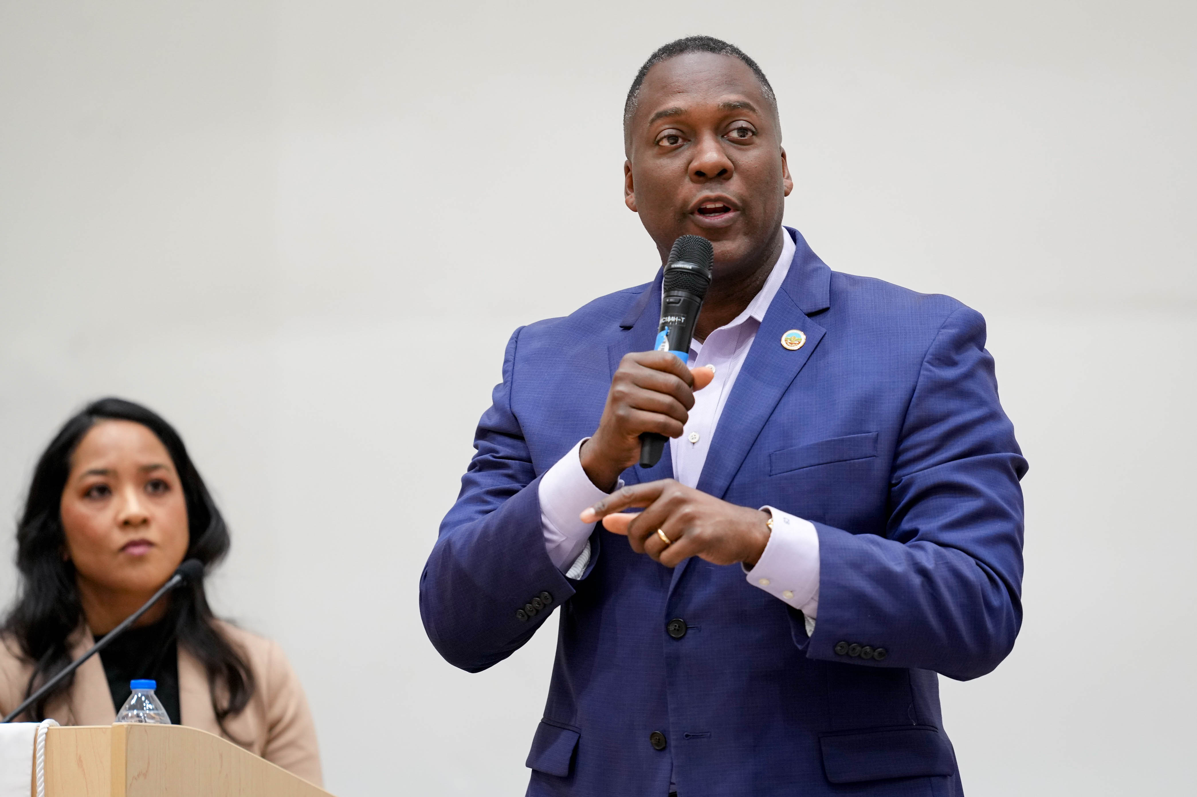 Howard County Executive Calvin Ball at a town hall in March.