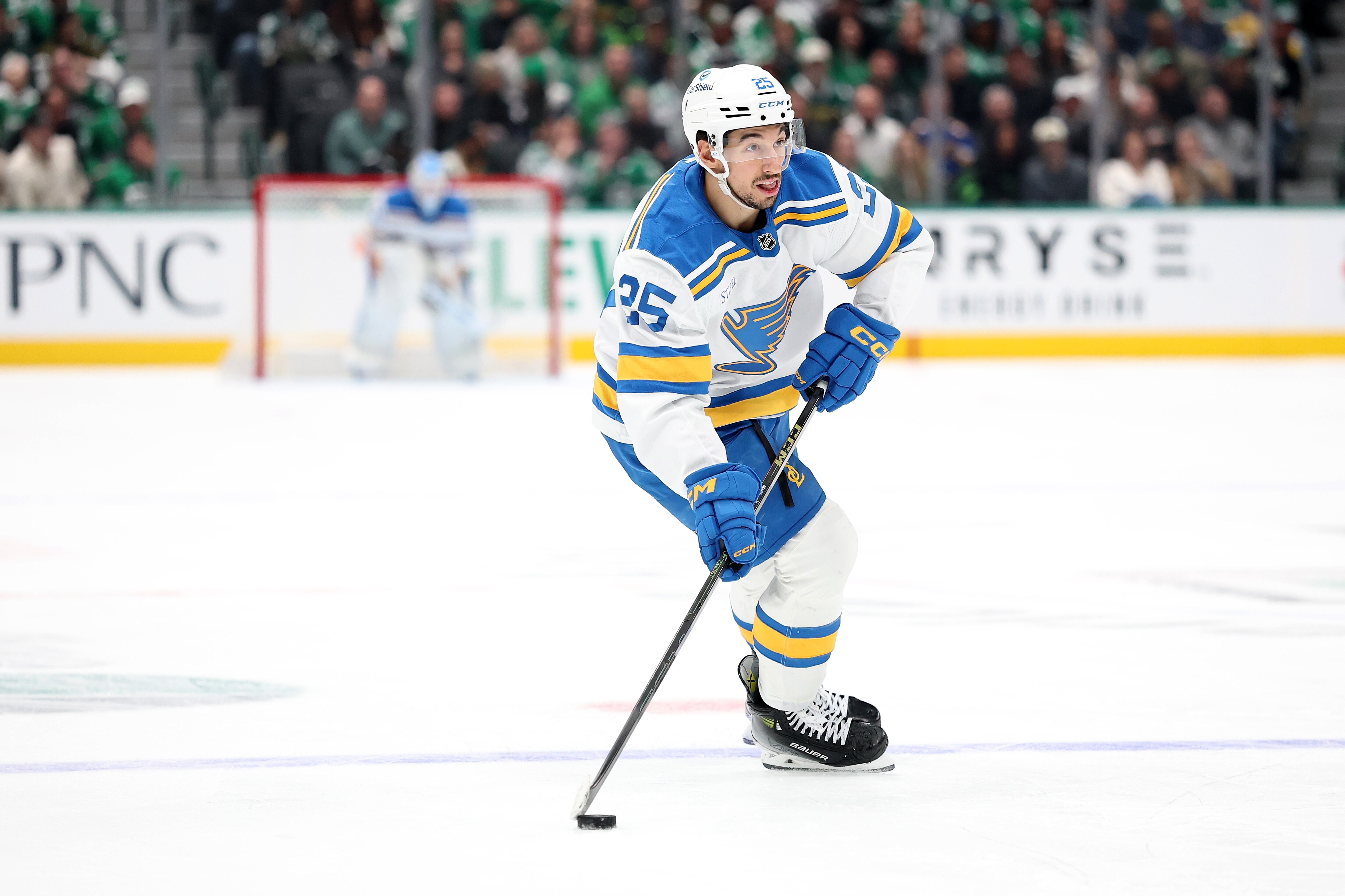 Jordan Kyrou #25 of the St. Louis Blues controls the puck during the second period against the Dallas Stars at American Airlines Center on February 04, 2026 in Dallas, Texas.