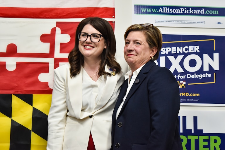 Rep. Sarah Elfreth joins County Councilwoman Allison Pickard as election results come in Tuesday night.