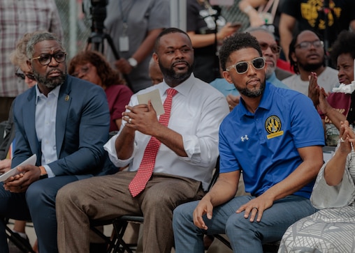 Thursday, April 16, 2026, in Baltimore — (from left) Baltimore City Councilman Jermaine Jones, Maryland State Senator Cory McCray, and Mayor Brandon Scott attend the grand reopening of the historic Chick Webb Memorial Recreation Center in East Baltimore.