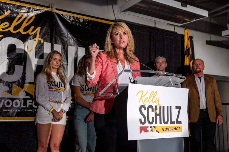 Maryland gubernatorial candidate Kelly Schulz speaks to supporters at a rally on July 19, 2022 in Annapolis, Maryland.