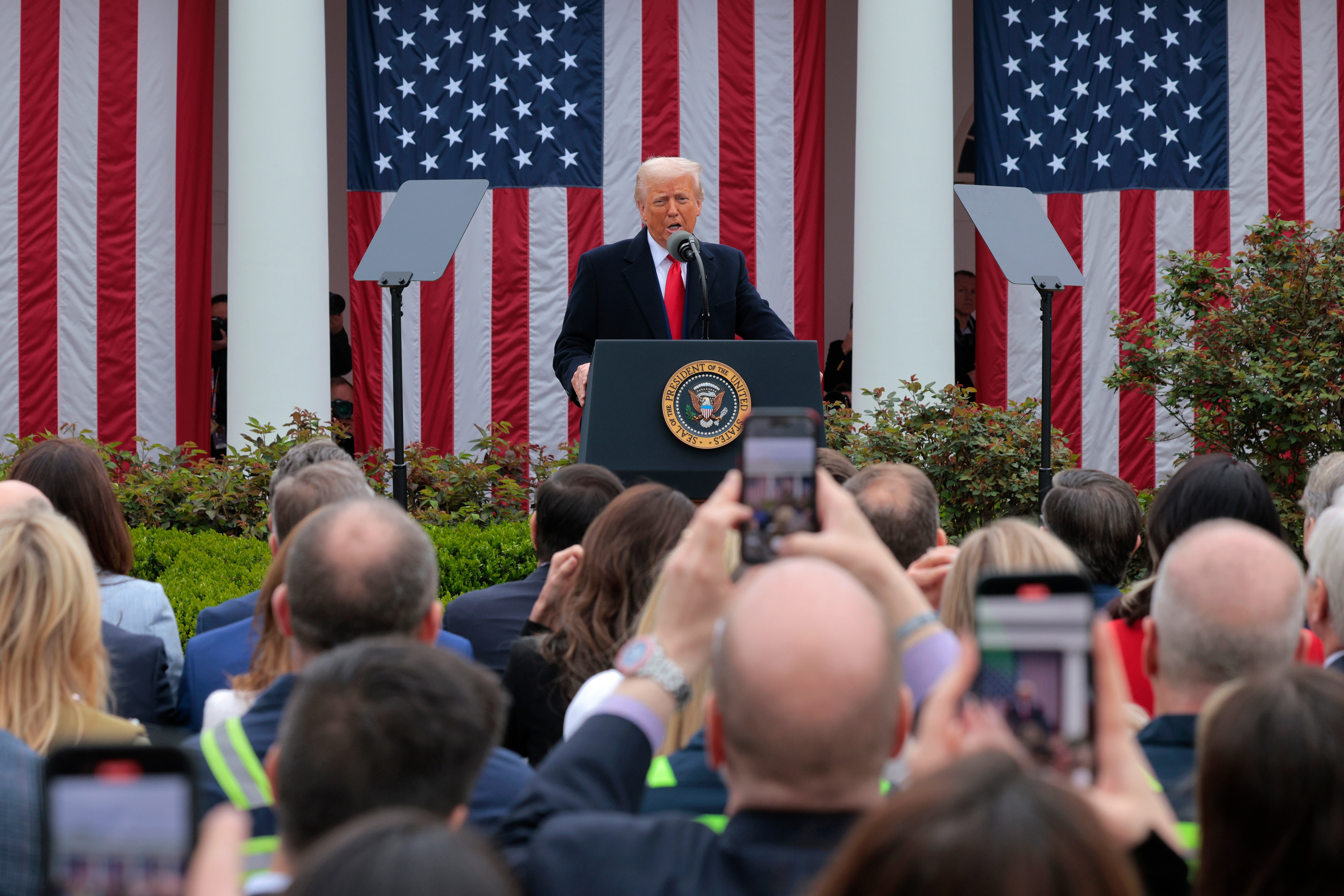 WASHINGTON, DC - APRIL 02: U.S. President Donald Trump speaks during a “Make America Wealthy Again” trade announcement event in the Rose Garden at the White House on April 2, 2025 in Washington, DC. Touting the event as “Liberation Day”, Trump is expected to announce additional tariffs targeting goods imported to the U.S. (Photo by Chip Somodevilla/Getty Images)