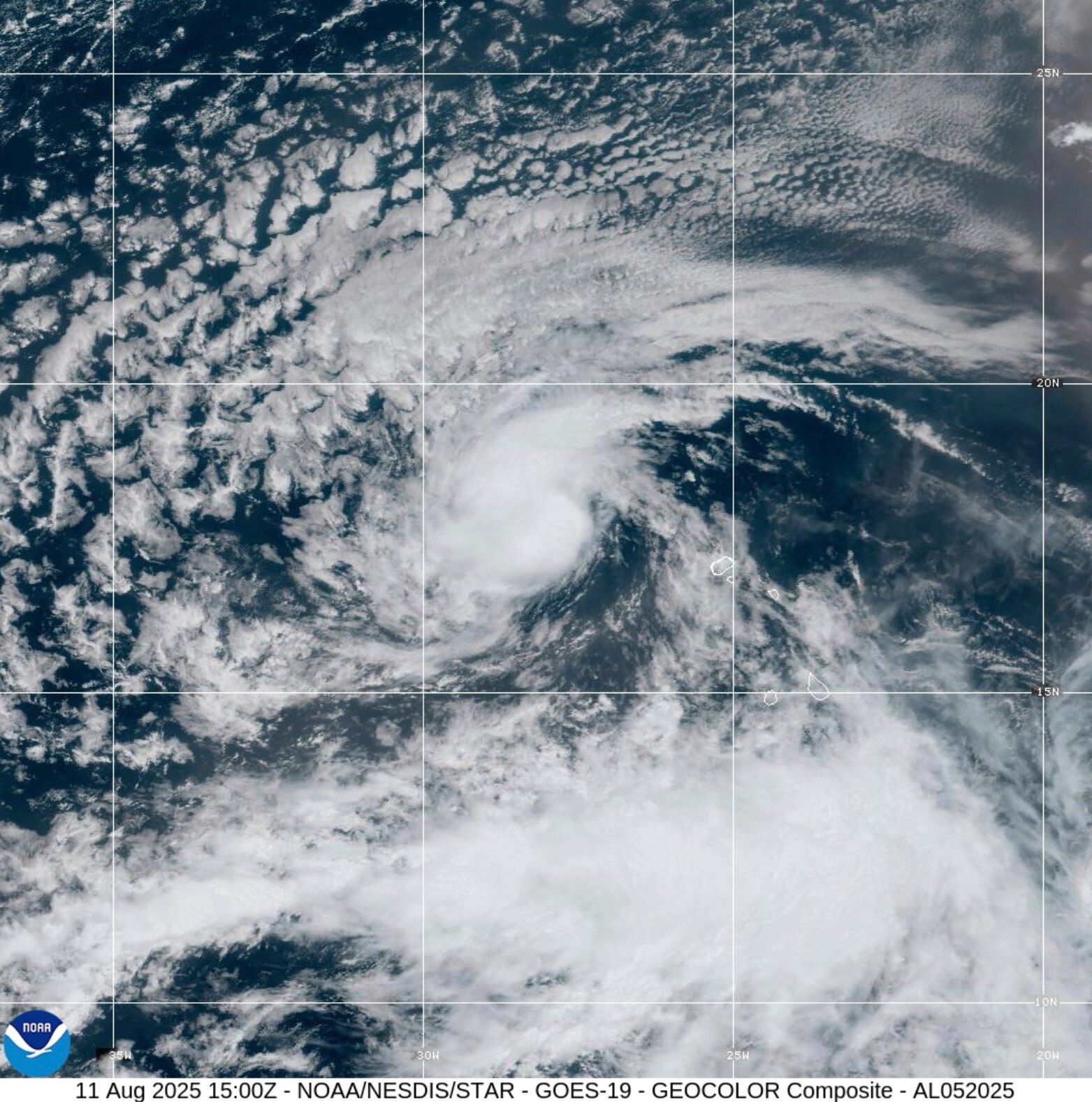This image provided by the National Oceanic and Atmospheric Administration (NOAA) shows Tropical Storm Erin on Monday, Aug. 11, 2025. (NOAA via AP)