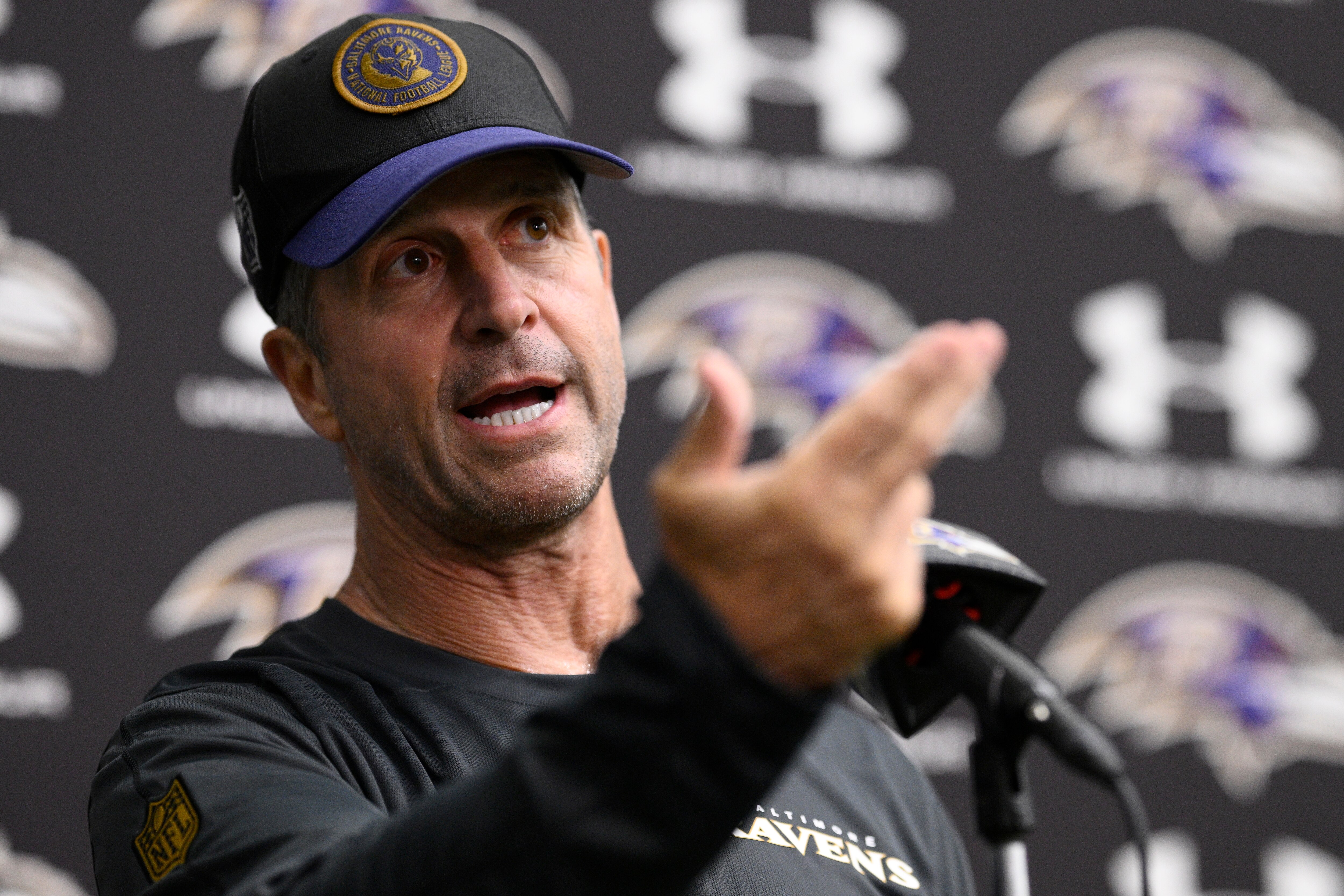 Baltimore Ravens coach John Harbaugh talks to the media after an NFL training camp practice, Monday, July 22, 2024. (AP Photo/Nick Wass)