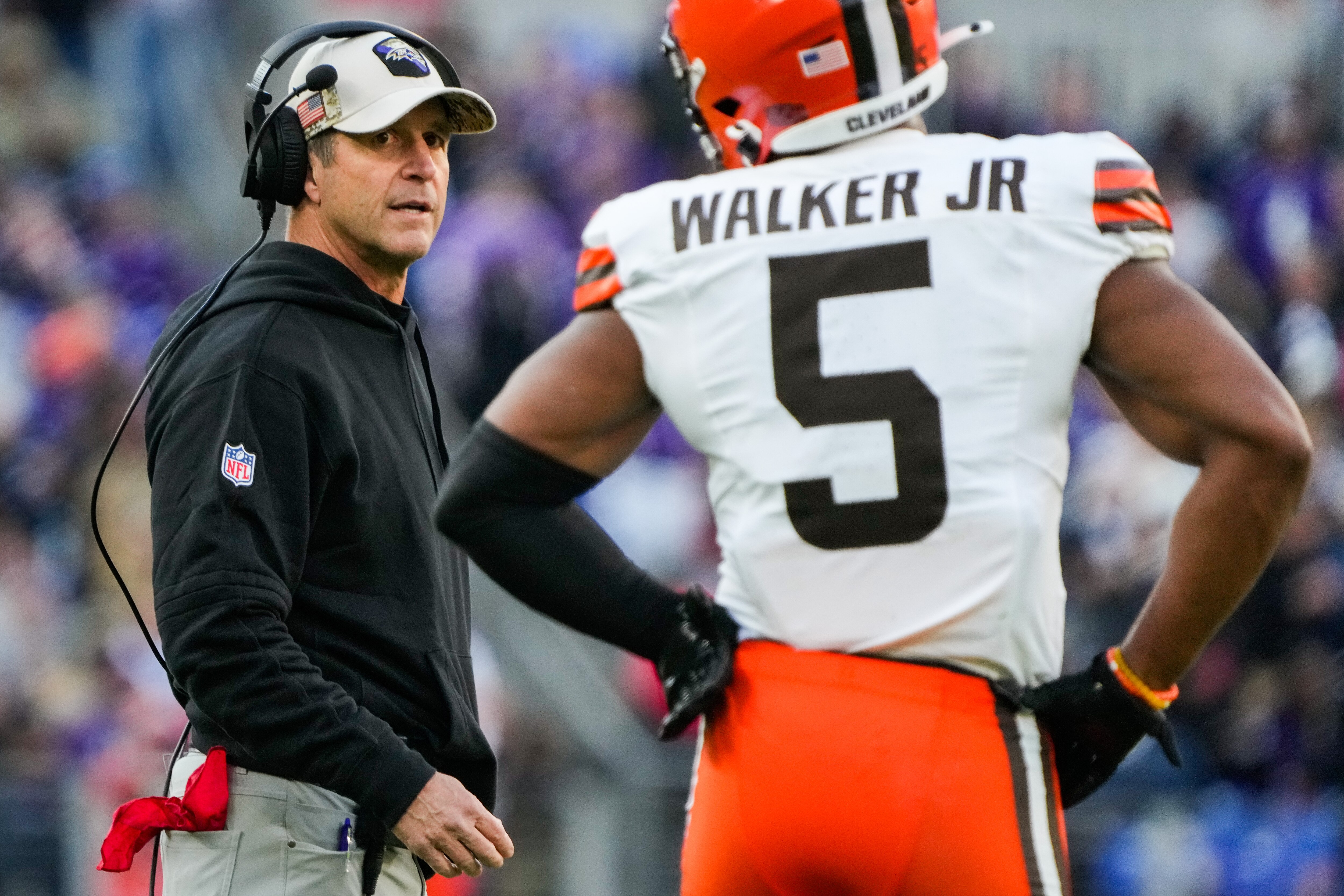Baltimore Ravens Head Coach John Harbaugh looks out at the field during the game against the Cleveland Browns at M&T Bank Stadium on Sunday, Nov. 12, 2023.