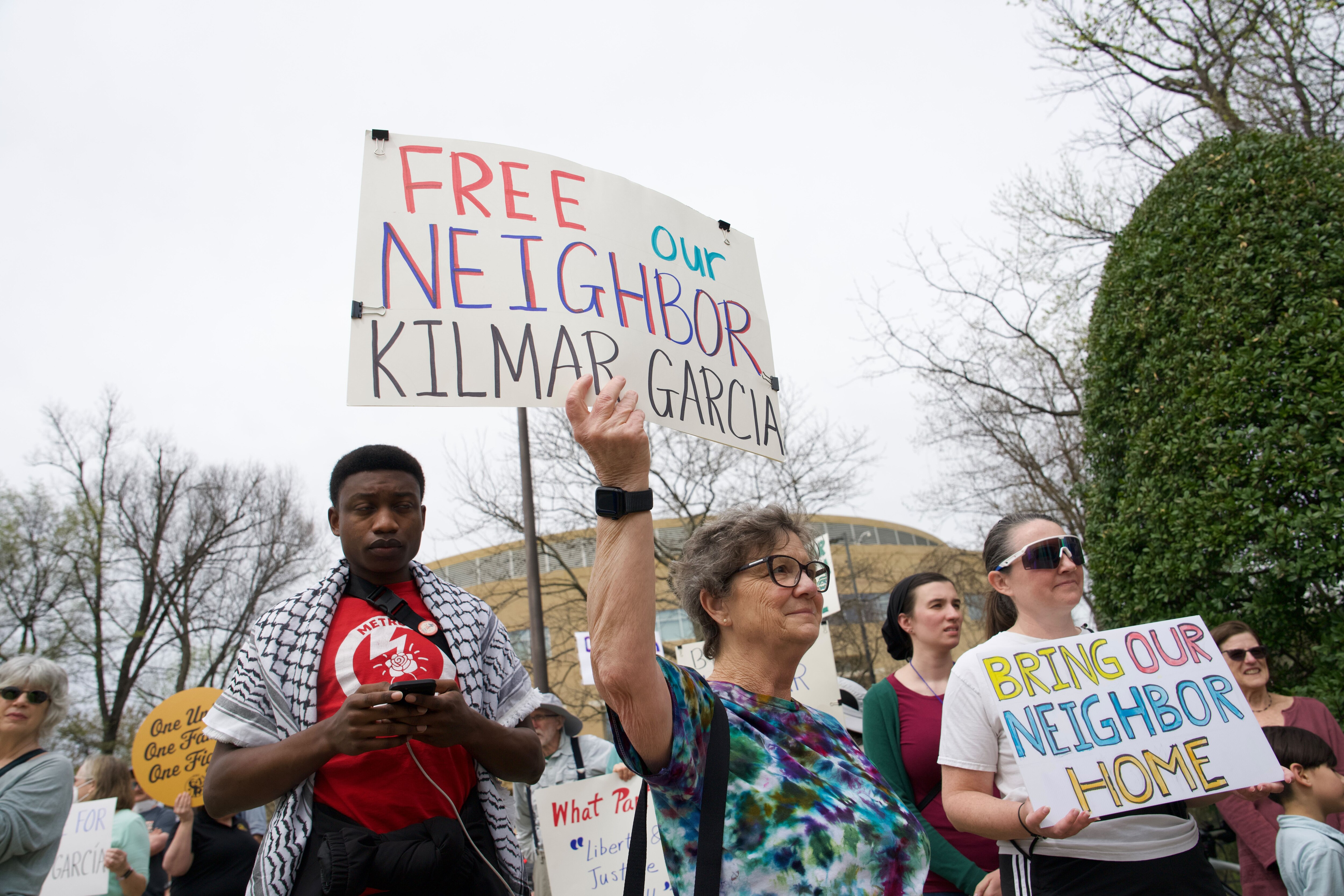 A sizable group of people protest outside of the District Courthouse in Greenbelt, Maryland on April 4, 2025 for Kilmar Armando Abrego Garcia, a man who was mistakenly deported by the Trump administration.