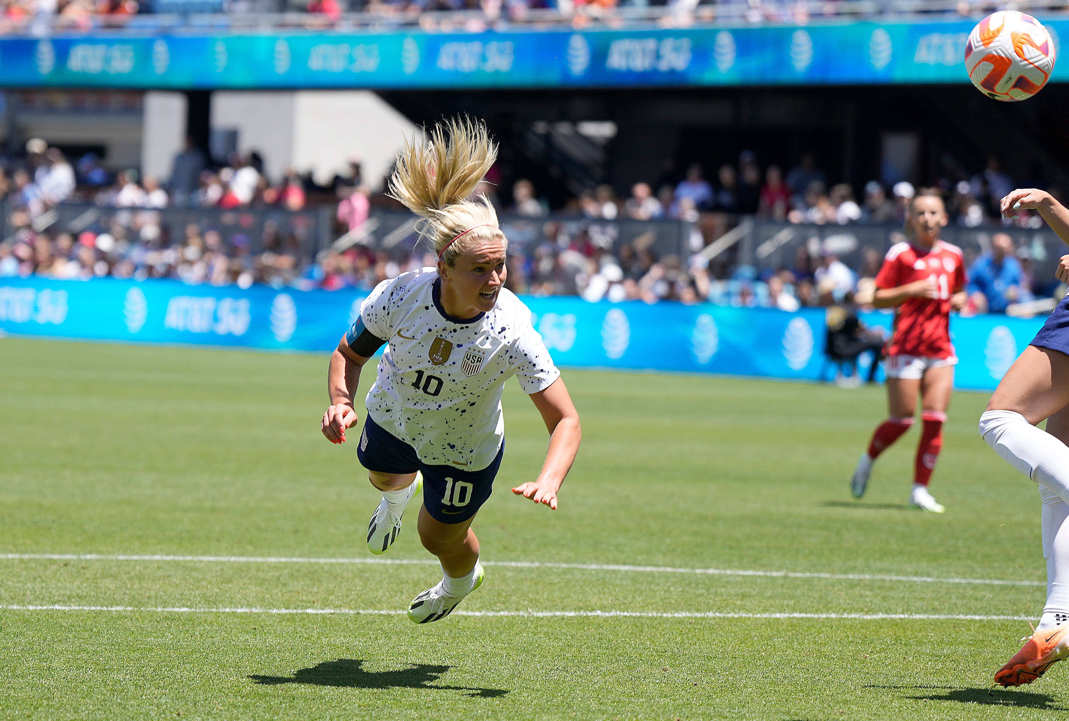 Lindsey Horan, No. 10 of the USA Women’s National Team, takes a shot on goal with a header against the Wales National Team in the first half of the Send Off Match at PayPal Park on July 9, 2023 in San Jose, California.