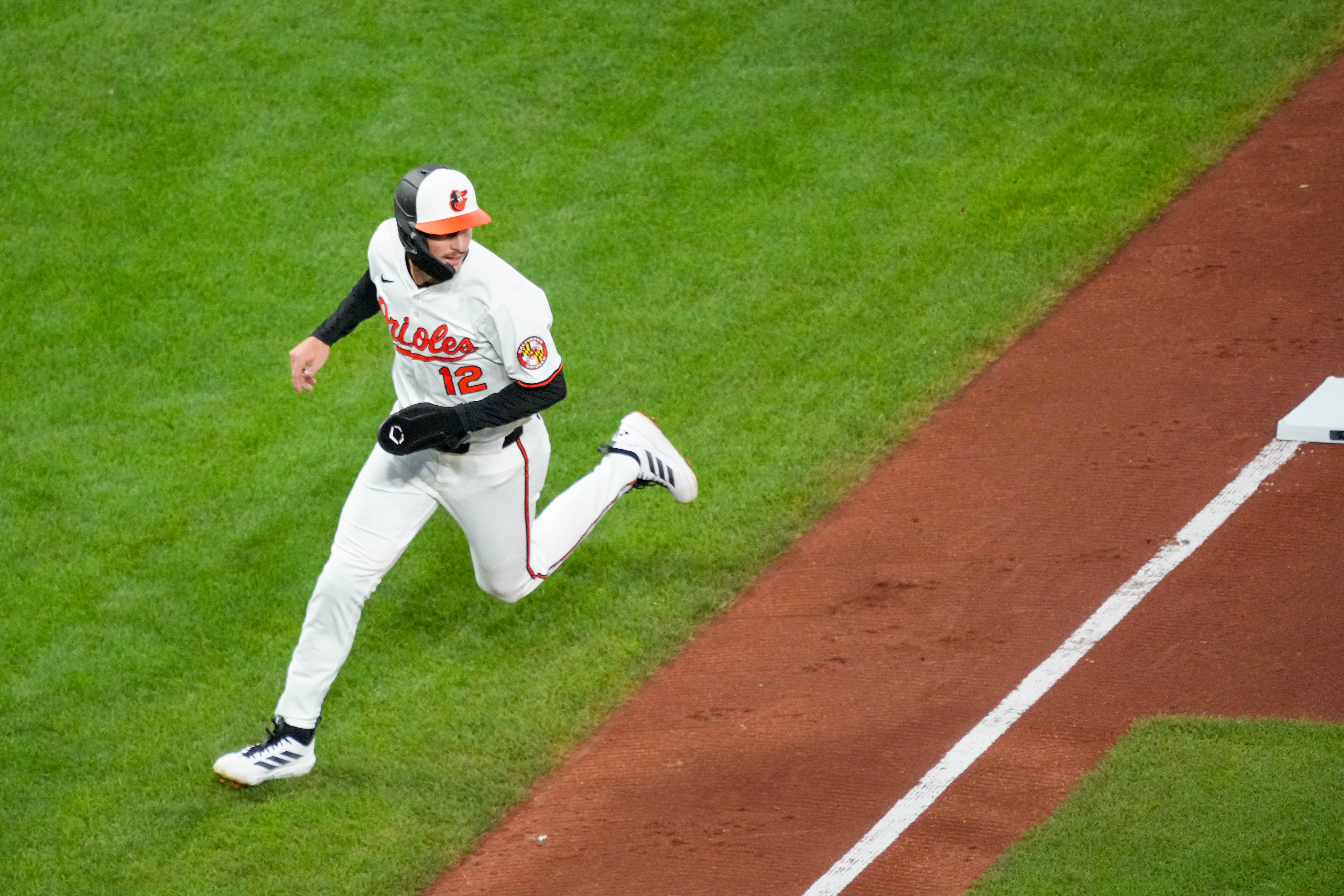Dylan Beavers runs to third base as his teammate strikes out in the fourth inning of a game against the Boston Red Sox on Tuesday, August 26, 2025.