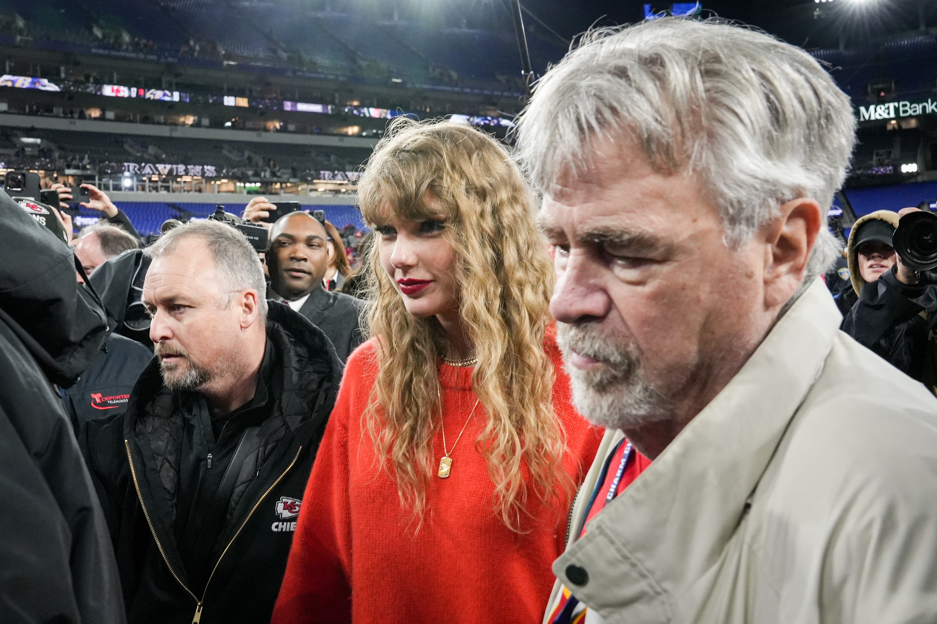 Taylor Swift leaves the field following the Kansas City Chiefs's victory in the AFC championship game against the Baltimore Ravens in 2024.