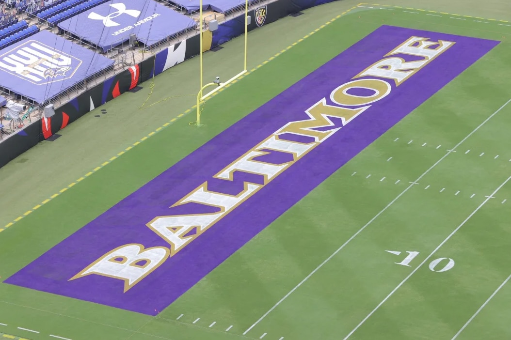 The “MO” in the end zone at M&T Bank Stadium is painted a different color in honor of Mo Gaba.
