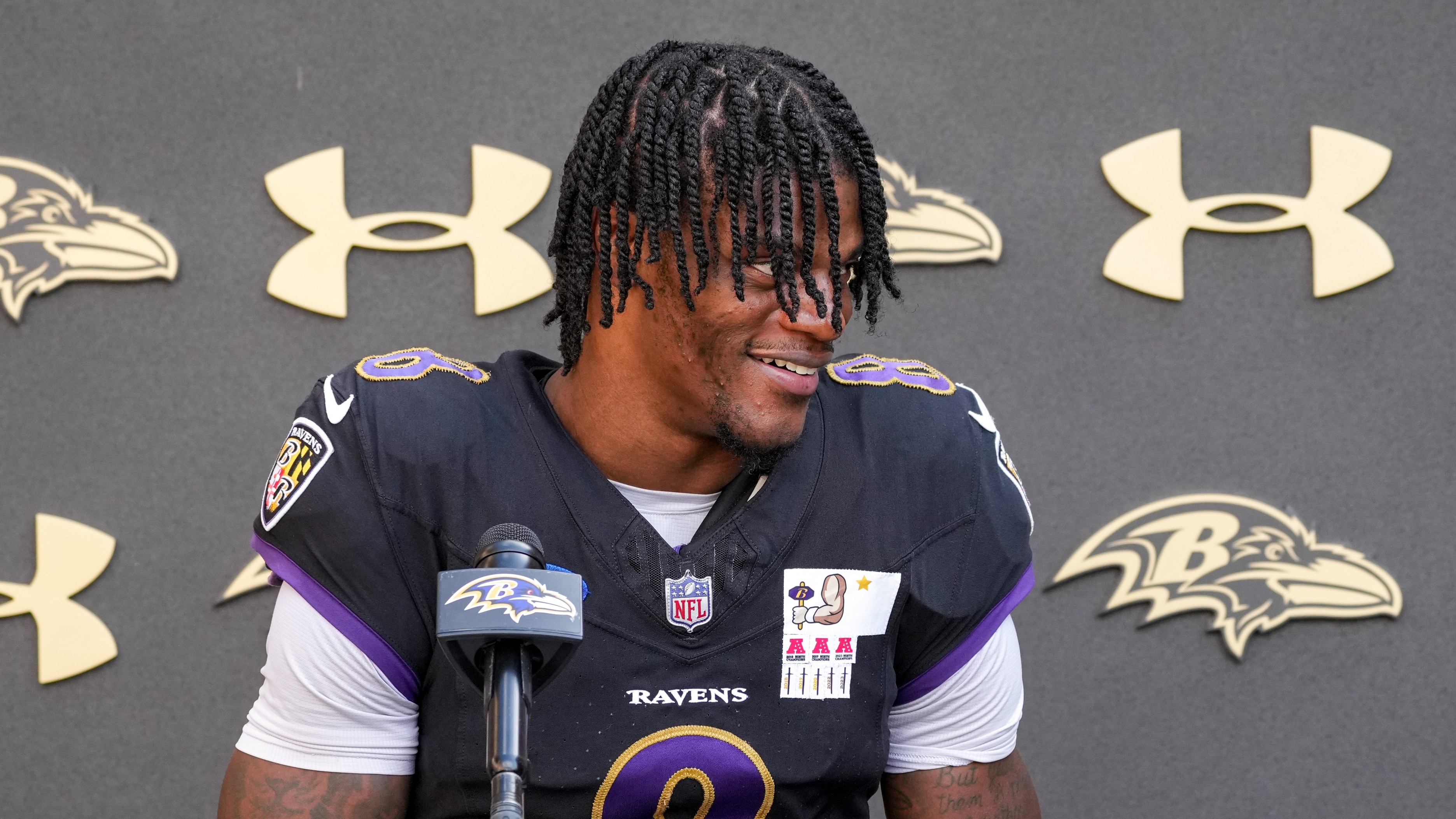 Baltimore Ravens quarterback Lamar Jackson speaks with reporters after practice at the Under Armour Performance Center in Owings Mills on Wednesday, September 11, 2024.