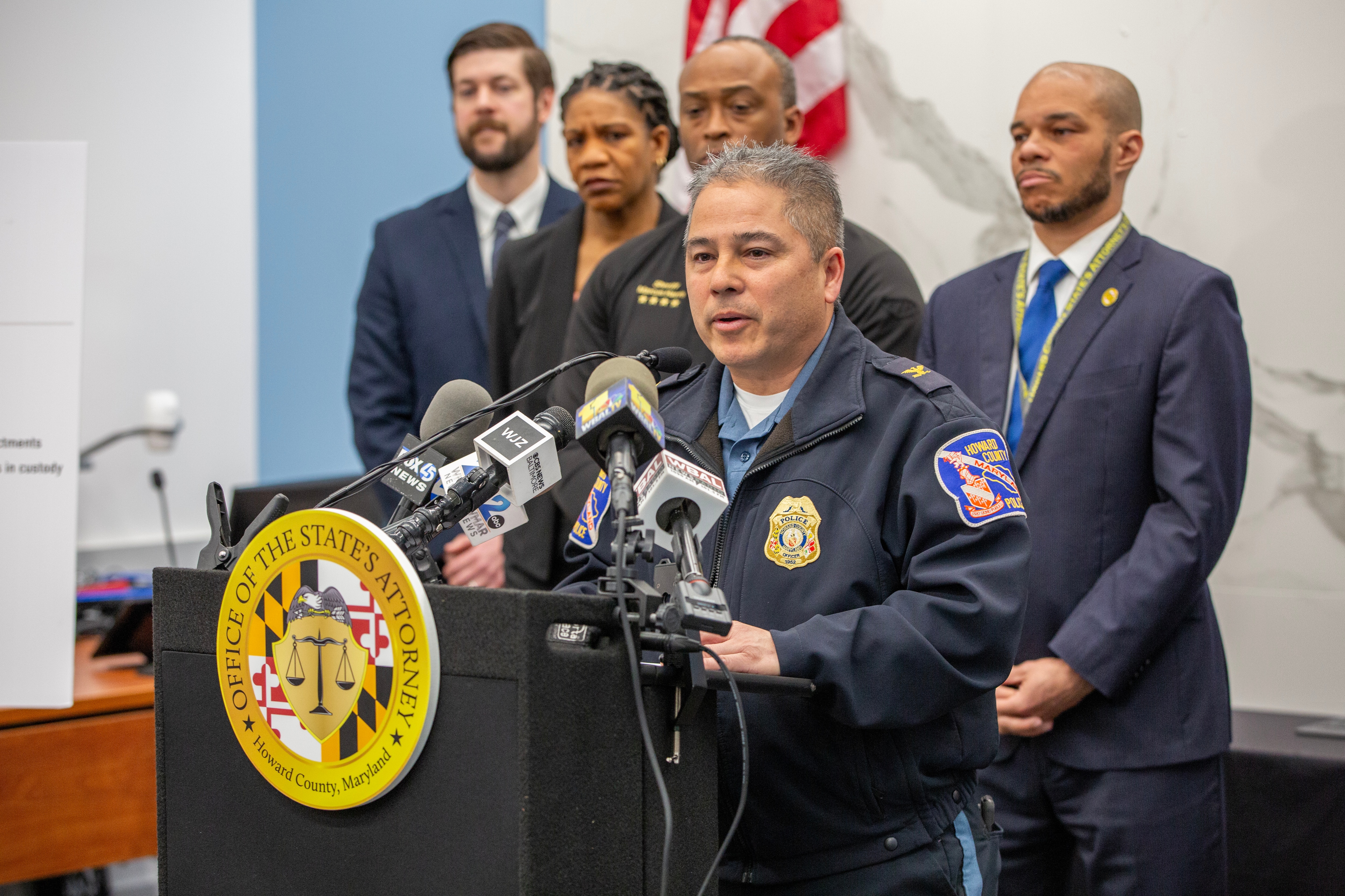 Howard County Police Chief Gregory Der speaks at a press conference announcing the sentencing of eight gang members from the local 59 Hoover gang that tried to control Columbia, Maryland, on February 13, 2024.