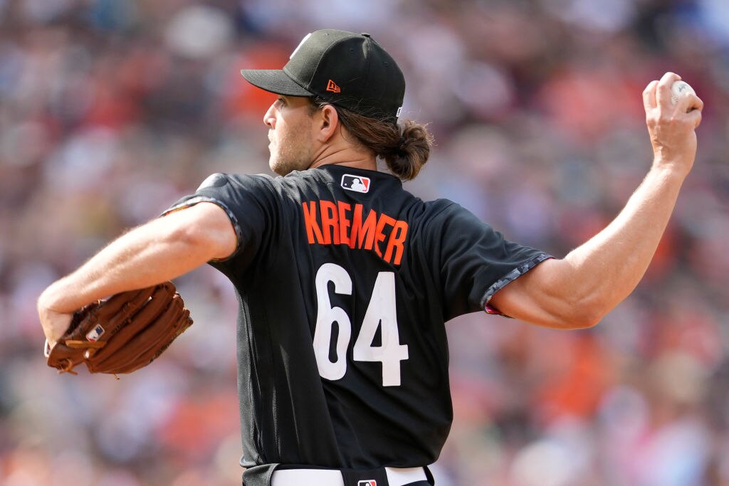 BALTIMORE, MARYLAND - MAY 27:  Dean Kremer #64 of the Baltimore Orioles pitches in the first inning during a baseball game against the Texas Rangers at Oriole Park at Camden Yards on May 27, 2023 in Baltimore, Maryland.