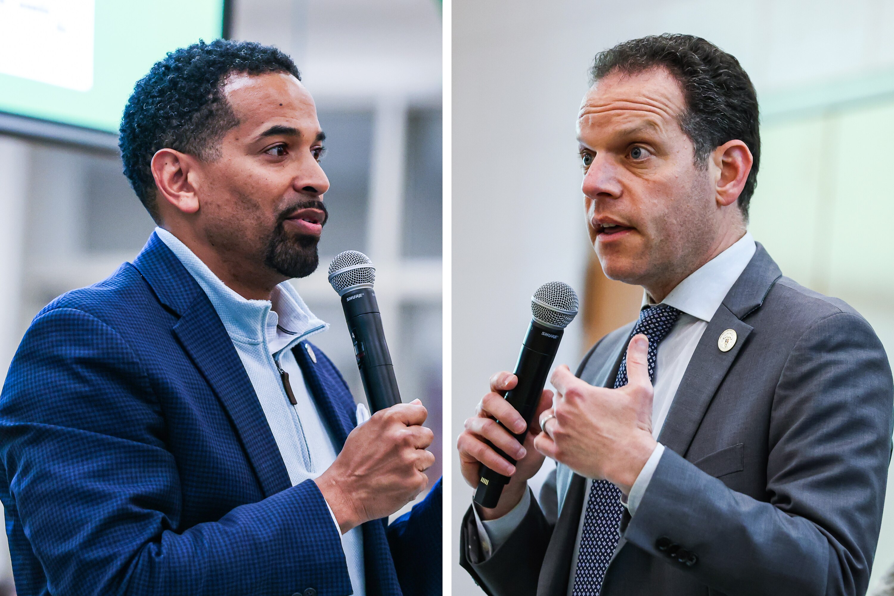 Will Jawando, left, and Evan Glass at a candidate forum in April.