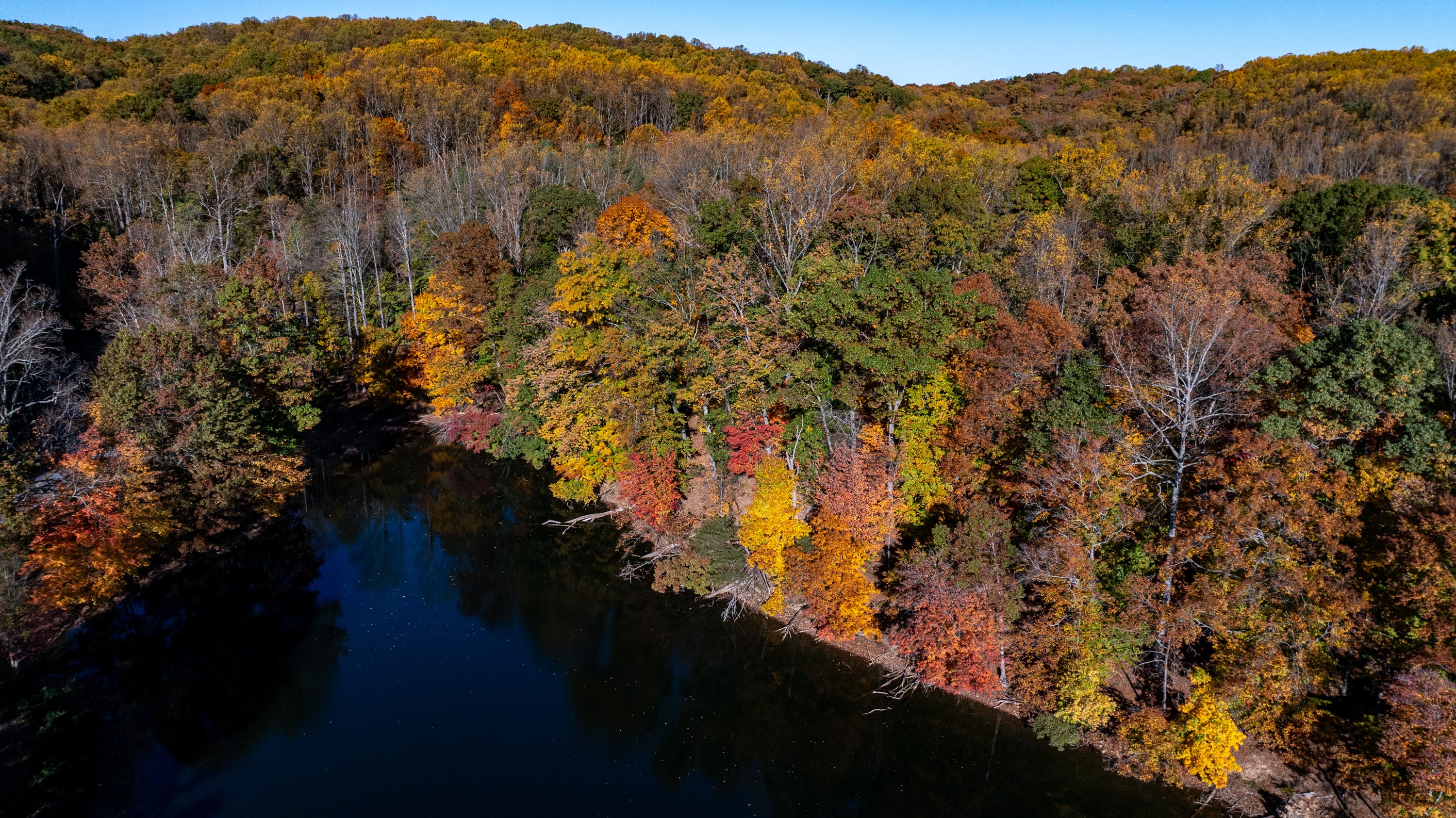 Fall foliage nears peak around the water’s edge at Loch Raven Reservoir.