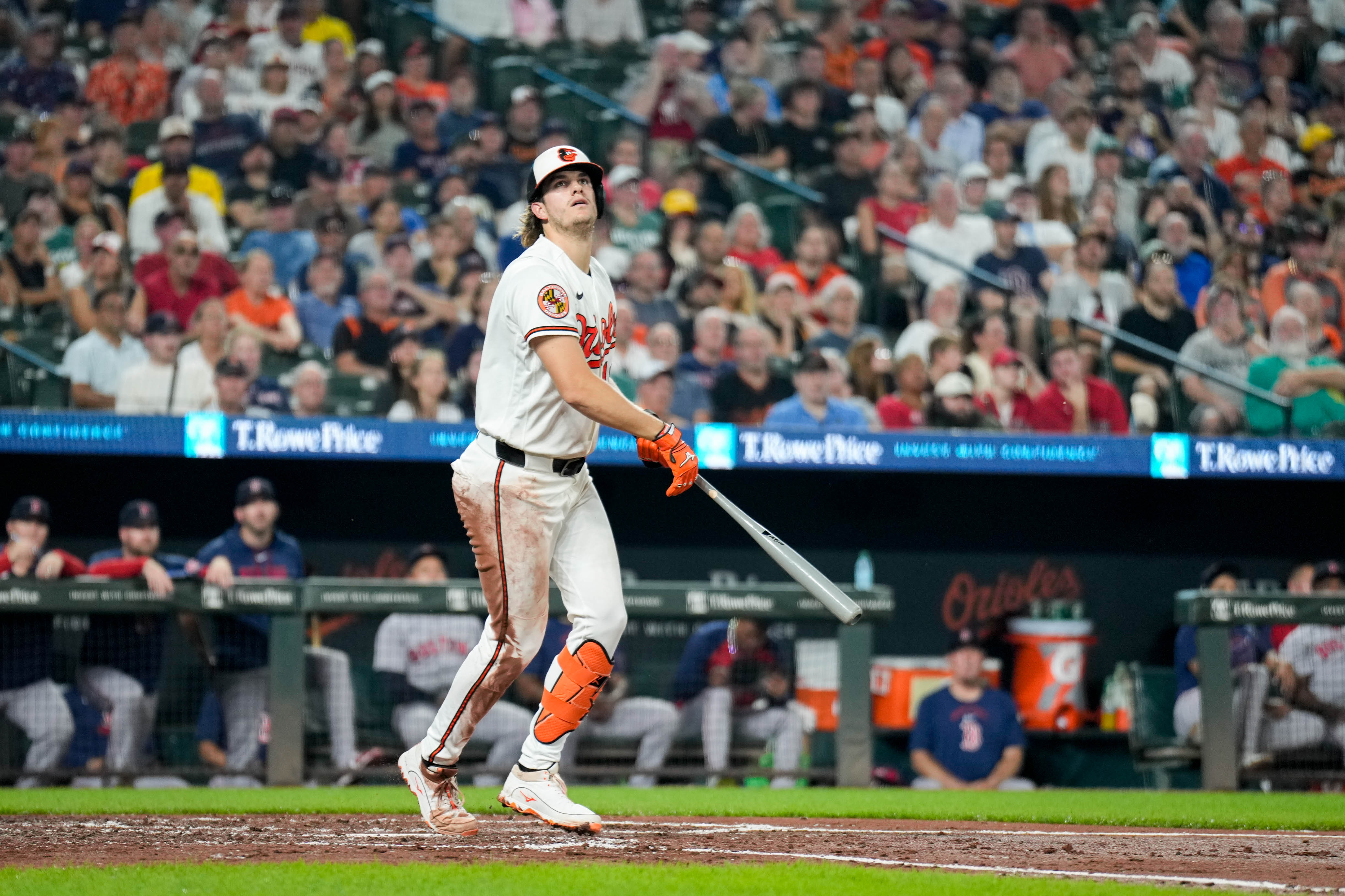 Baltimore Orioles’ third baseman Coby Mayo watches his ball in a game against the Boston Red Sox in Baltimore last month. 